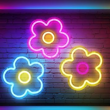 Baquler 3 Pcs Flower Neon Sign Light up Flower Sign Retro Neon LED Lights USB Powered for Wall Decor Window Bedroom Home Girls Birthday Party Decoration, 9 x 9 InchesClassic