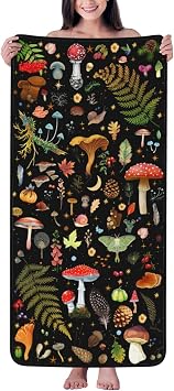 Mushroom Bath Towels Include Beach Towel, Hand Towel and Wash Towel, Black White Cow Spots Towel Set for Bathroom Decor, Super Soft Water Absorbent Beach Towel for Travel, Swim, Sport