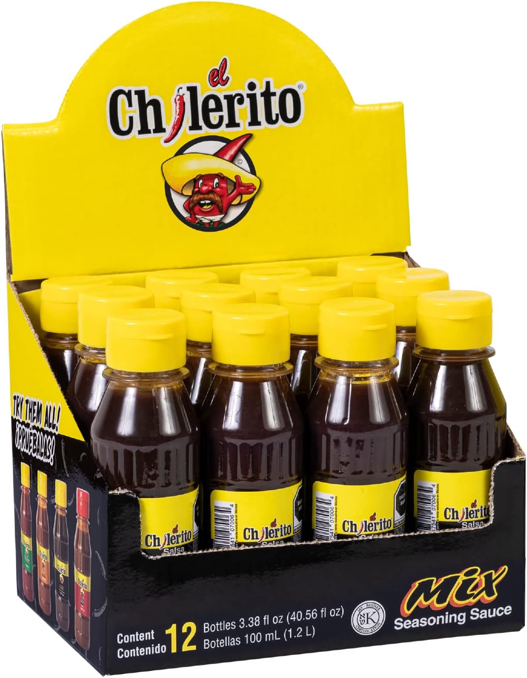 EL CHILERITO DISPLAY 12 Pcs Mix Sauce 100ml/ 3.3Fl. Oz - Mexican Foods - Excellent For Michelada-Type Mixes, Snacks And Drinks – Mexican Flavor - To Share With Friends And Family - Kosher - Natural Ingredients – Chili