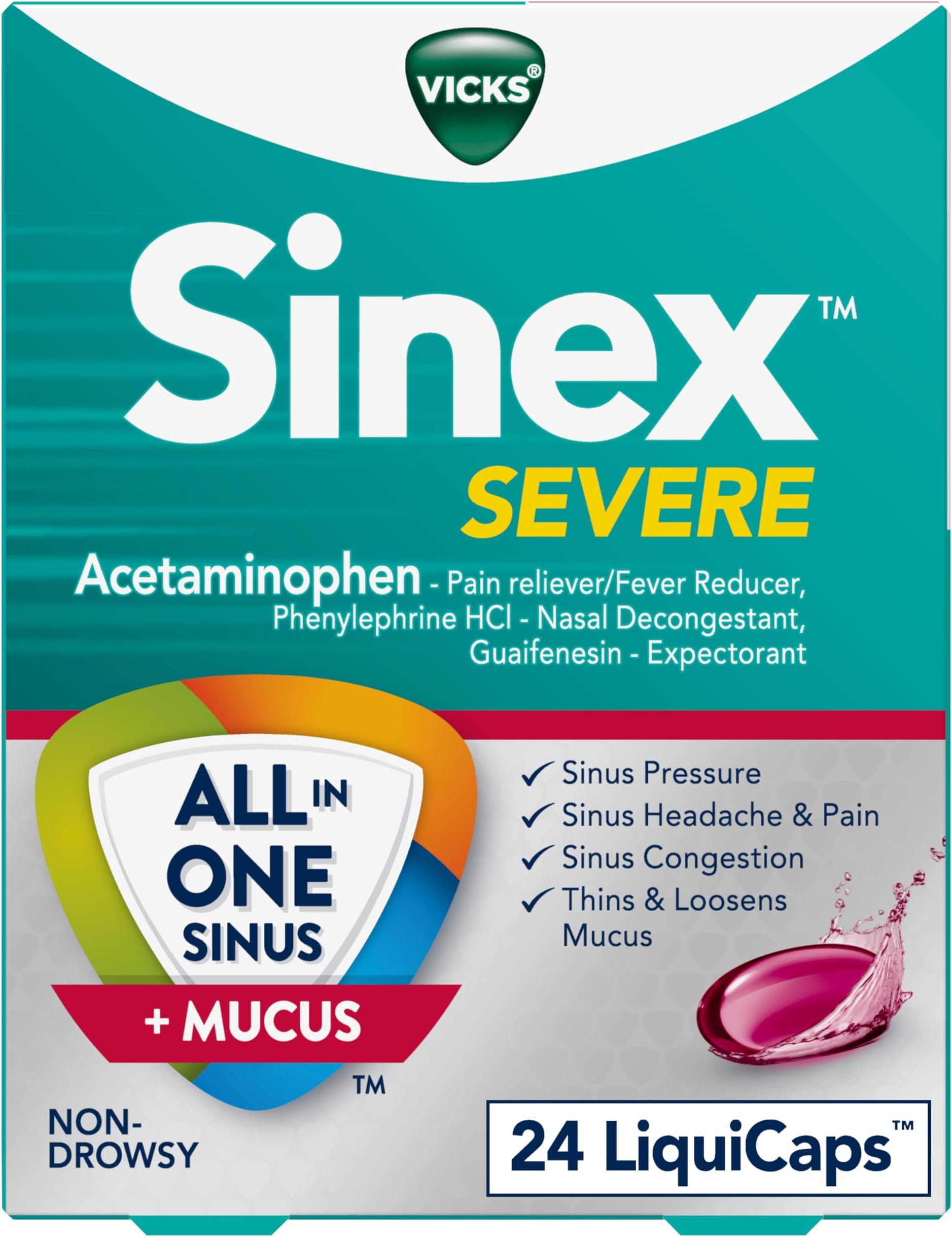 Vicks Sinex SEVERE, All-In-One Sinus + Mucus Relief, Non-Drowsy, Loosens Mucus, Maximum Strength Relief of Pain, Pressure, Congestion, & Headache Relief, 24 LiquiCaps