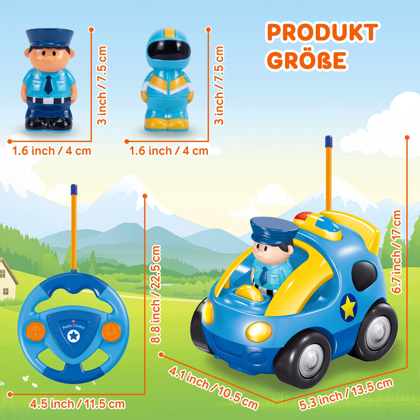 Pup Go Fernbedienung Cartoon Polizeiauto für Kinder 1 2 3 Jahre, Ferngesteuertes Auto Spielzeug mit Musik und Licht, Radio Control Rennwagen Kinderspielzeug, Ideal RC Auto Geschenk für Junge