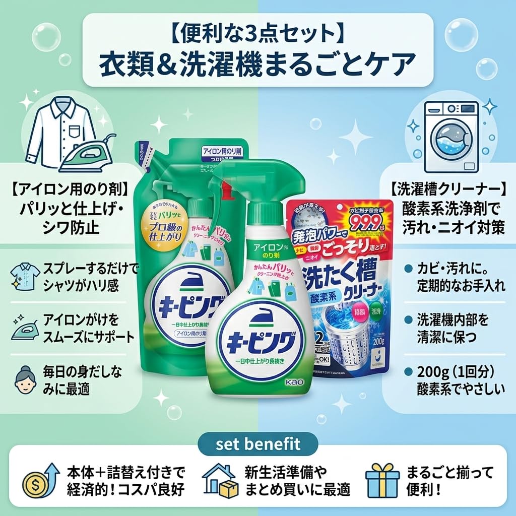 Amazon.co.jp: 【衣類＆洗濯機まるごとケア3点セット】アイロン用のり