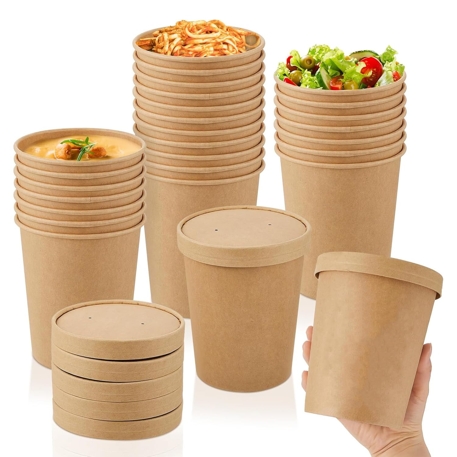 ECONX Disposable Soup Containers with Lids Paper Bowl Brown Kraft Takeaway Paper Soup Cups Takeaway Tubs for Hot or Cold Food Ice Cream, Dessert, Sundae, Frozen Yogurt, Deli Containers (200, 32oz) โ image 1