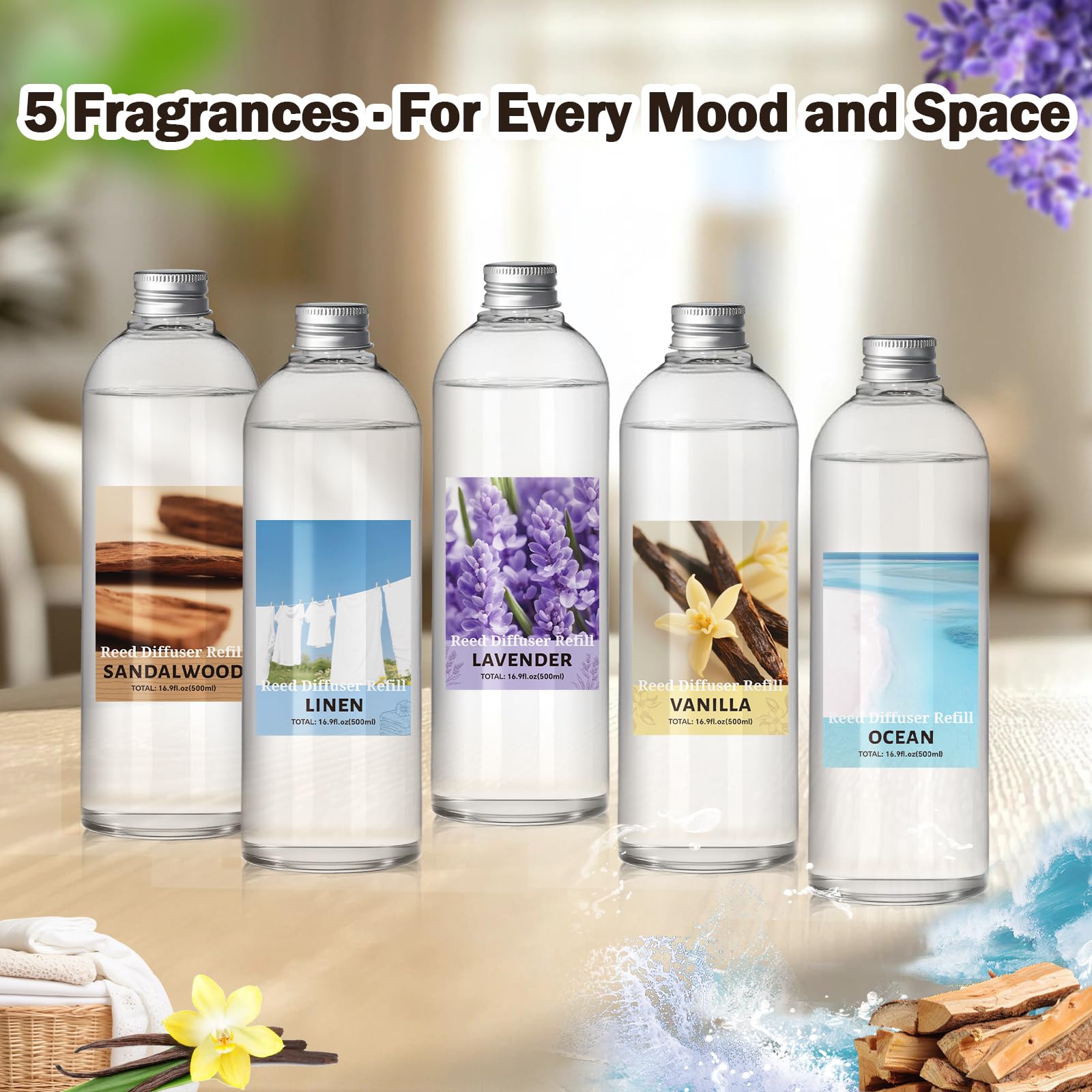 SCENTORINI Difusor De Fragancia para Habitación Sándalo 500ML Recambio De Aceite Esencia, Ambientadores De Hogar Fragancia Duradera para El Hogar, Baño y Decoración De Habitación