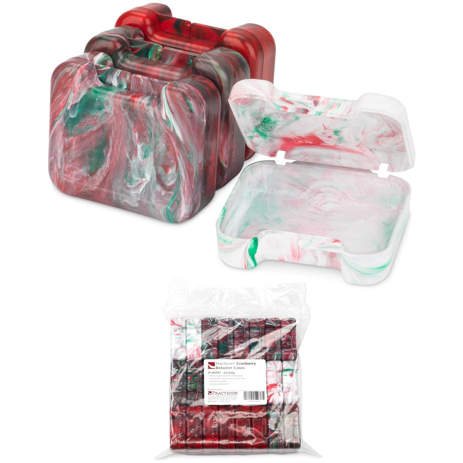 Practicon Easy Open Retainer Cases, Assorted Cranberry Swirl Colors, Bulk Pack of 24