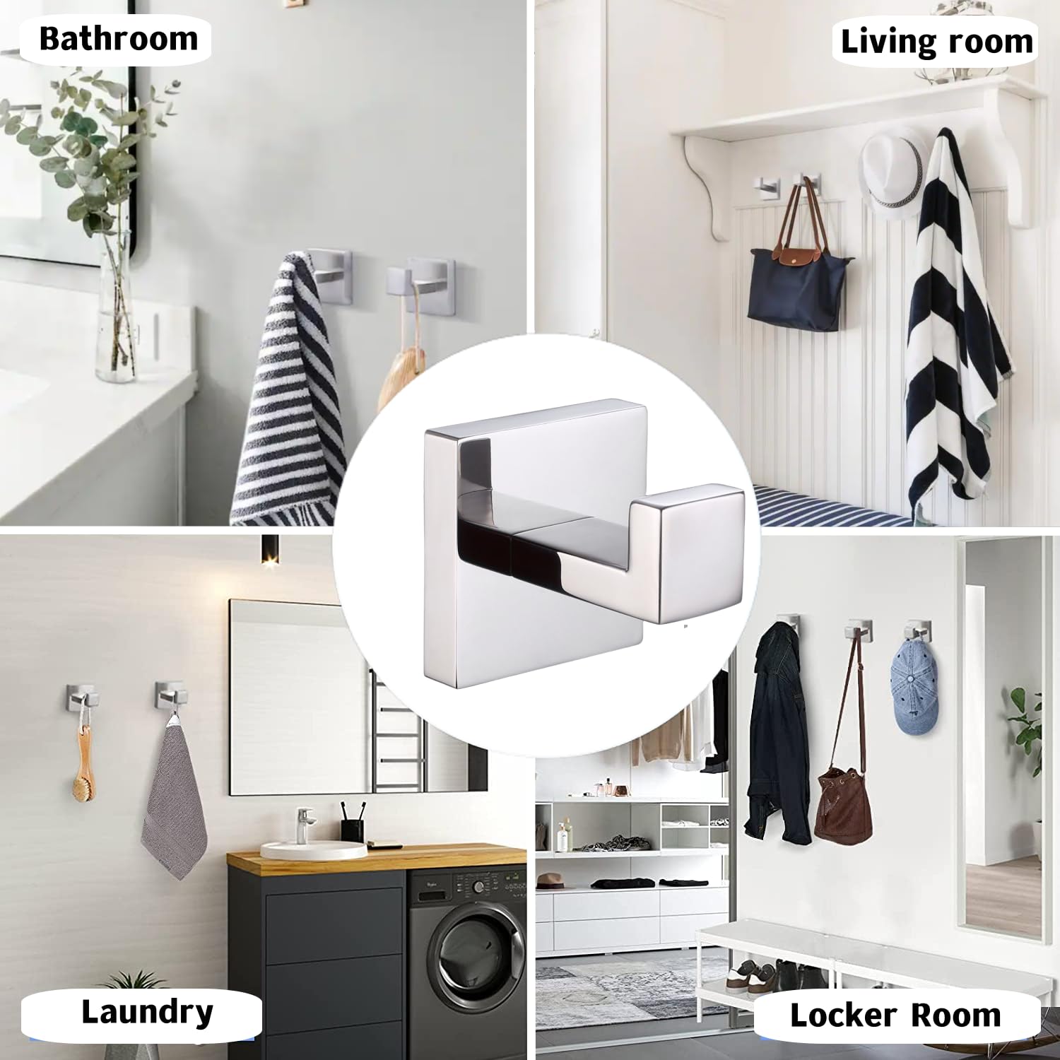 Gancio adesivo 4 pezzi gancio da parete in acciaio inox senza foratura, porta asciugamani con scotch adesivo, ganci da bagno, soggiorno e cucina, per asciugamano da bagno, Patere quadrato, argento