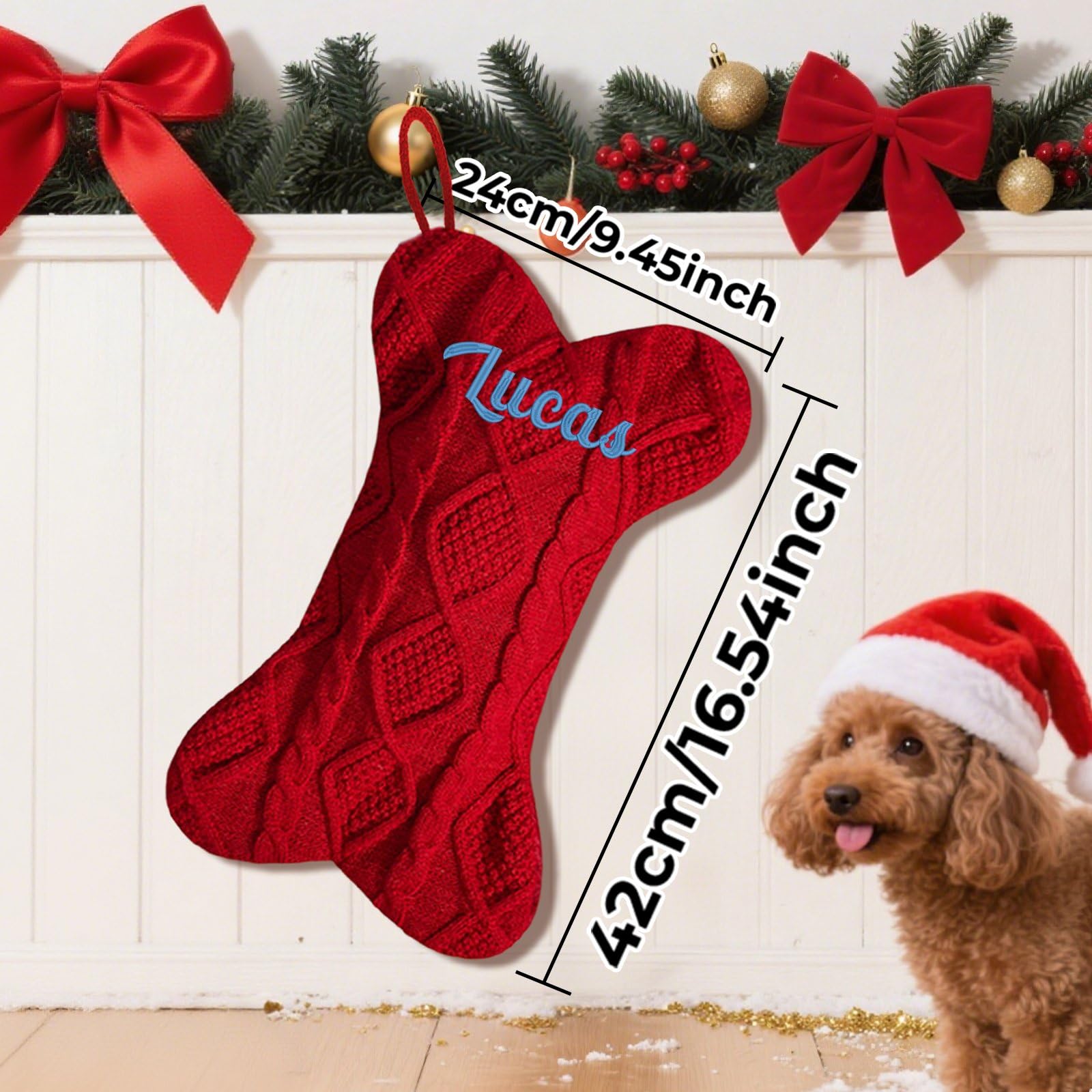 Lot de 8 grandes chaussettes de Noël tricotées en forme d'os avec nom amusant à faire soi-même - 41,9 cm - Pour cheminée, escaliers, maison, sapin de Noël