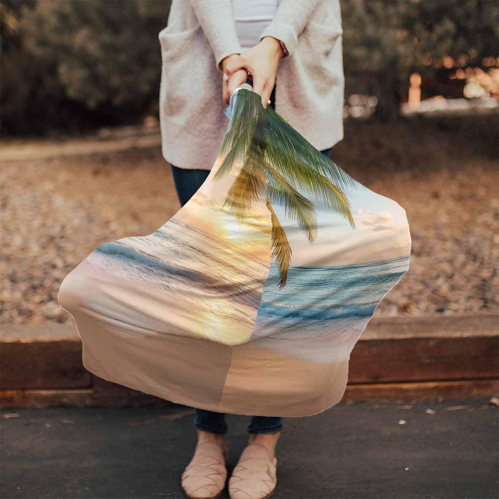 Blue Beige Coastal Nursing Cover for Breastfeeding Scarf, Summer Beach Sunset Realistic Scenery Baby Car Covers Super Soft Multi Use for Canopy Shopping Cart Cover Blanket Stroller Cover