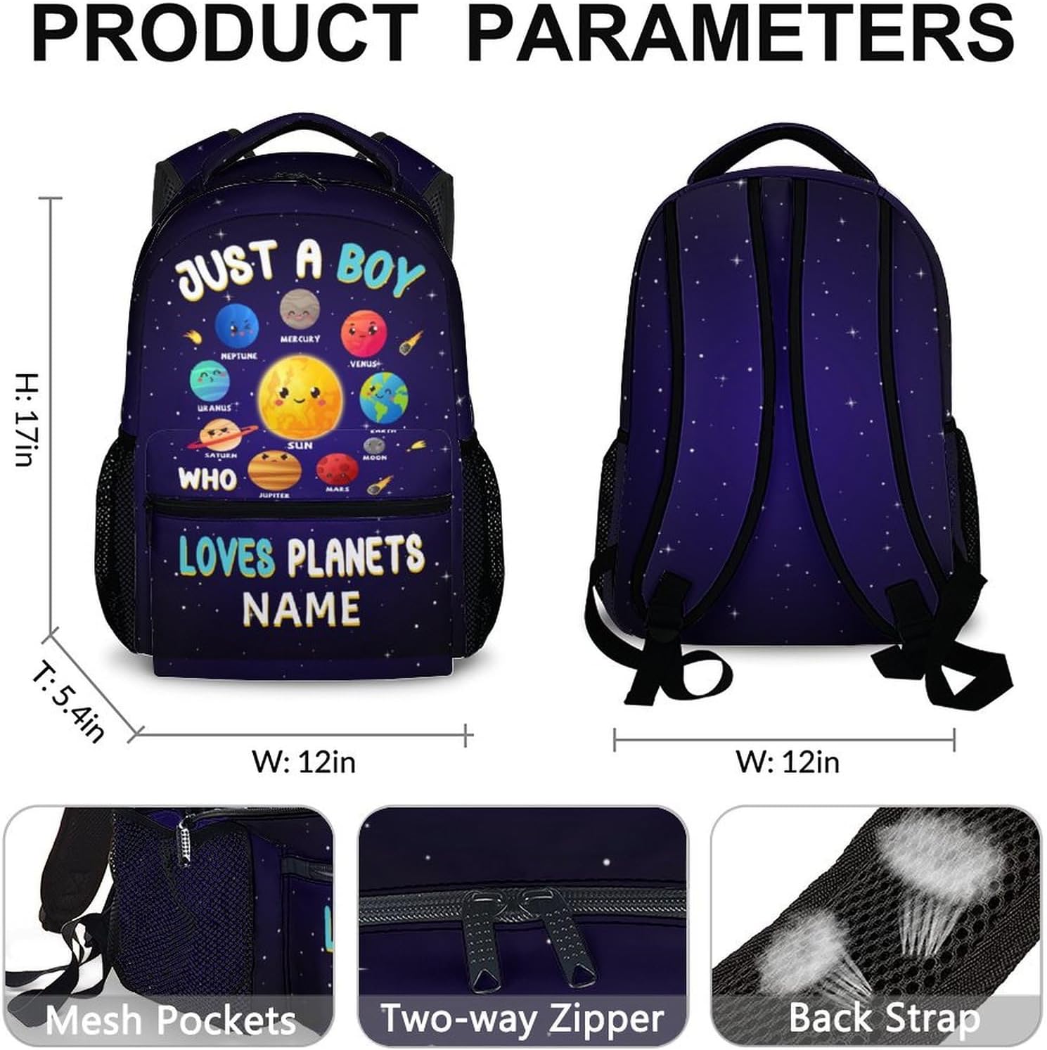 Personalized Boys Backpack for School, 17" Cute Planet Backpack for Kids, Custom Black Large Capacity Solar System Lightweight Bookbag for Preschool Student