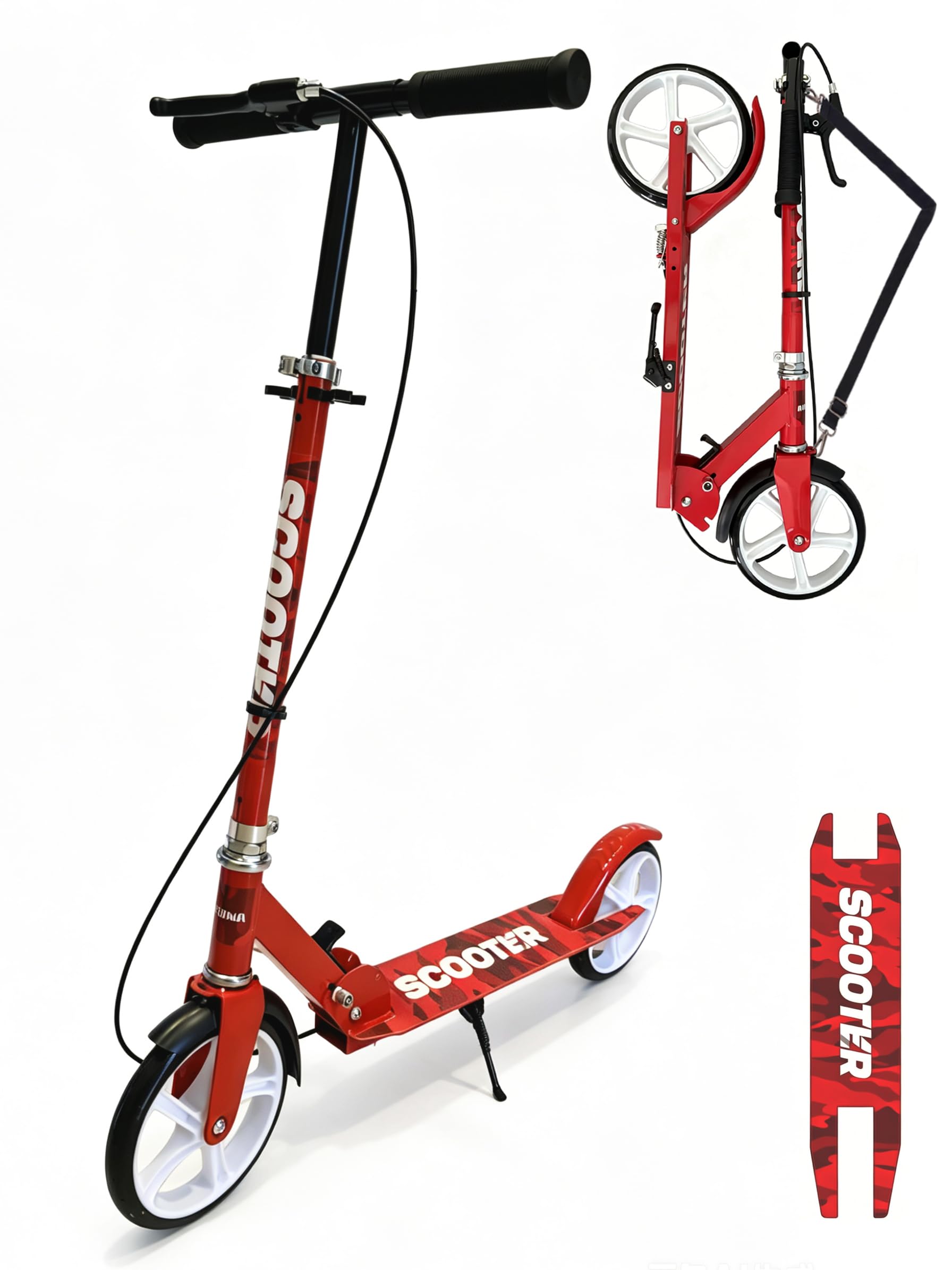 Kick Scooter for Kids 8-12, Teens & Adults, Foldable Adult Scooter with 200mm Big Wheels, Hand & Foot Brake, 4 Adjustable Height (30.3–40.6"), Commuter Scooter, for Kids & Teens (Red)