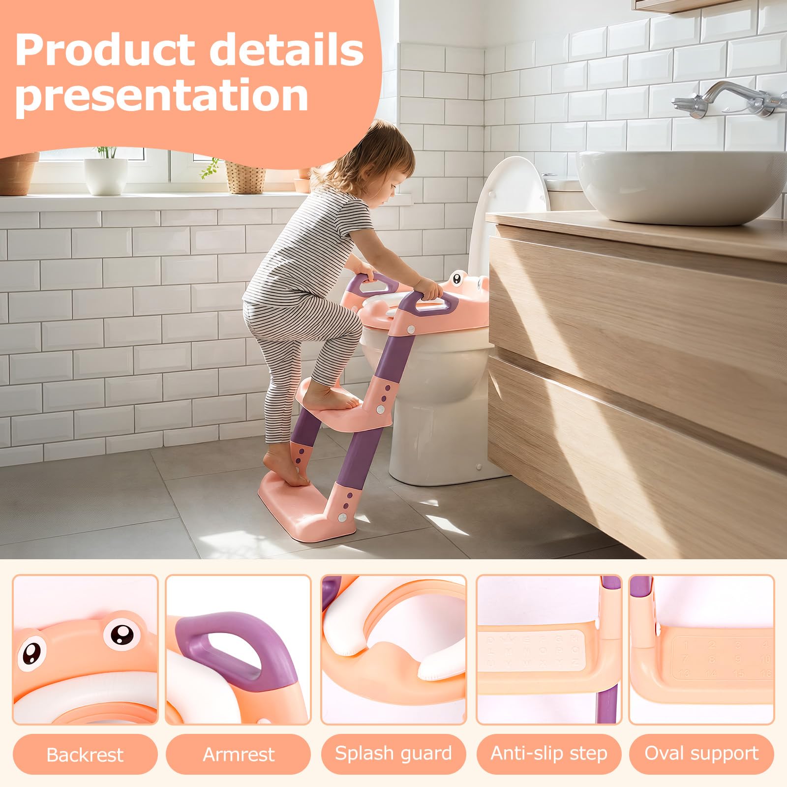 Kids Potty Training Seat, Detachable Toddler Toilet Seat Ladder with Adjustable Height PVC Soft Cushion for Toddlers Boys Girls(pink) - 4