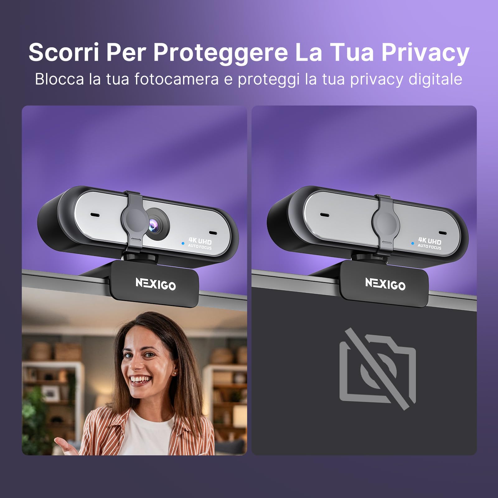NexiGo N660P Pro Webcam 4K Con Lente Senza Distorsione, 1080P 60 FPS Autofocus, 3DNR, Microfoni Riduzione Rumore E Copertura Privacy, Webcam Gaming Streaming PC Mac Switch 2, Nero