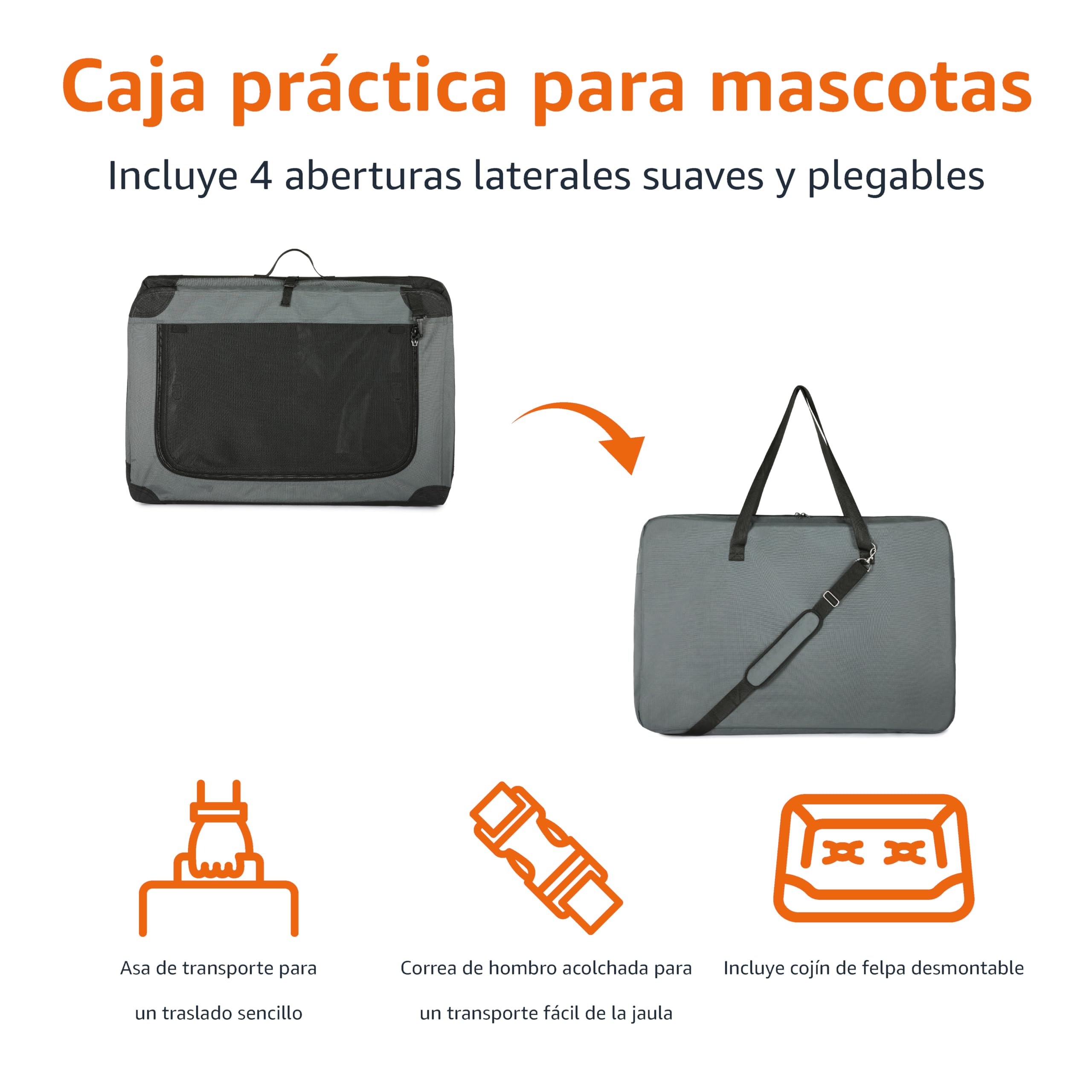 Amazon Basics Transportín portátil plegable de 4 puertas para perros y gatos, Gris, M 76 cm x 54 cm x 54 cm