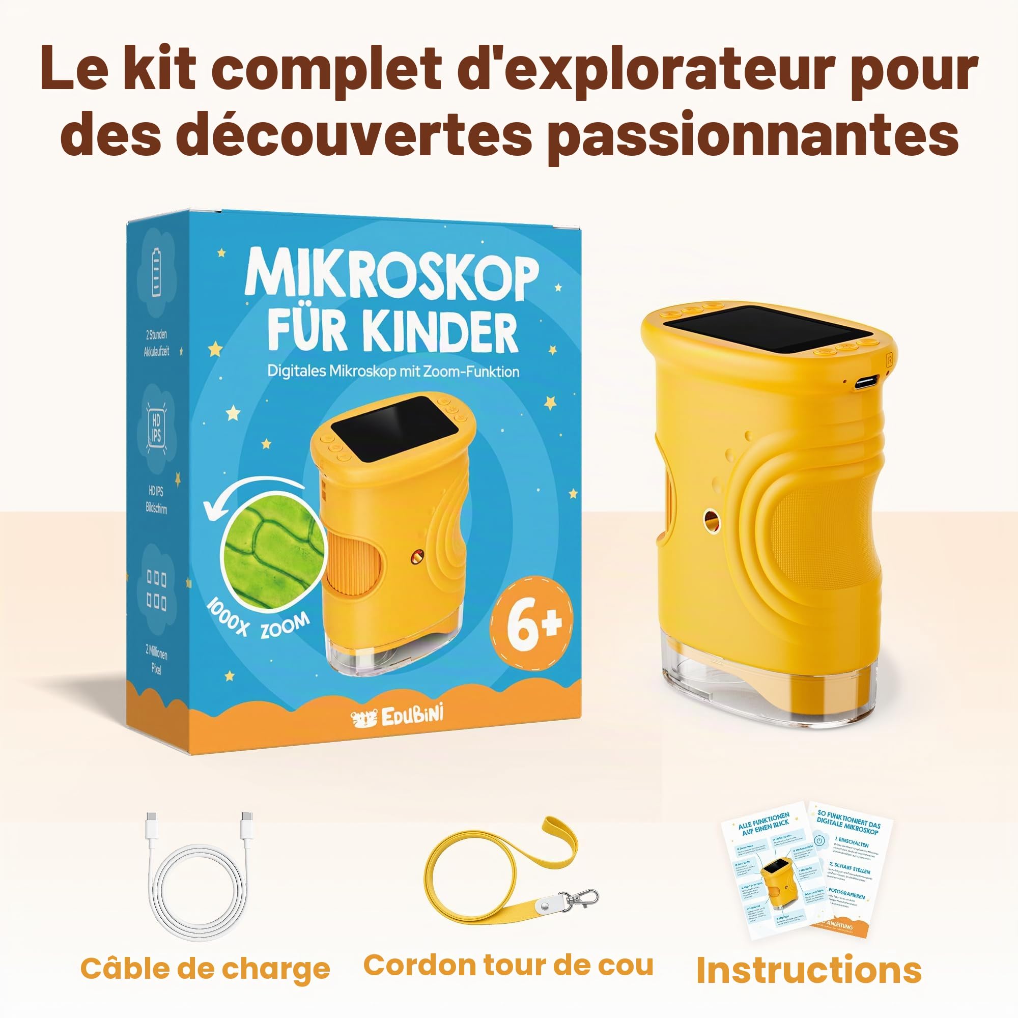 Edubini Microscope numérique pour enfants [grossissement 1000x] - Microscope de poche portable pour le jardin, la forêt et les expériences - Jouet microscope pour enfants avec écran HD numérique