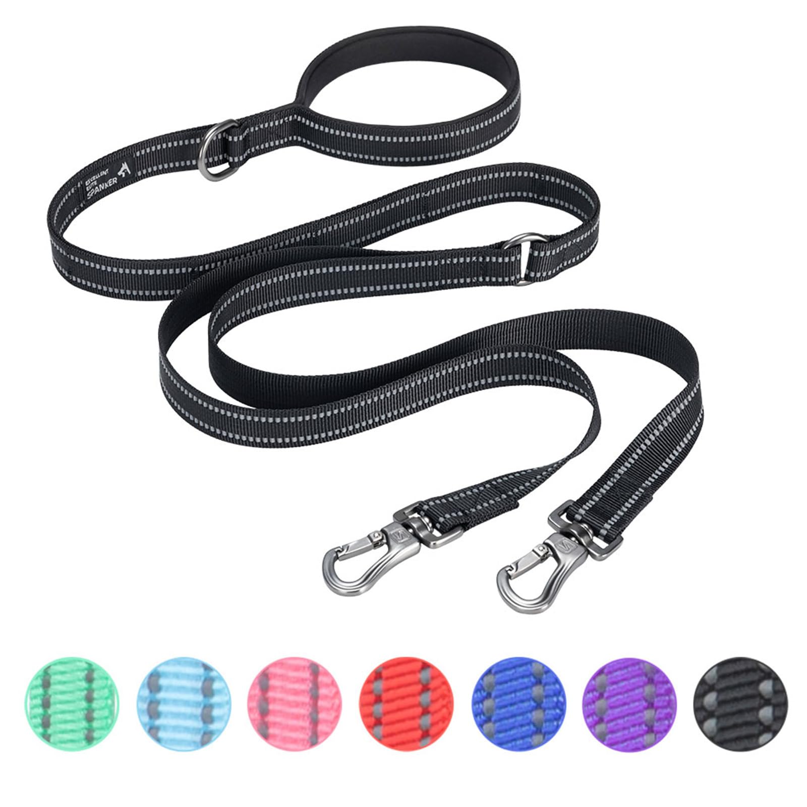 EXCELLENT ELITE SPANKER Reflective Dual Leash - 5FT Double Dog Leash with Padded Handle for Two Dogs Walking & Training (Black)
