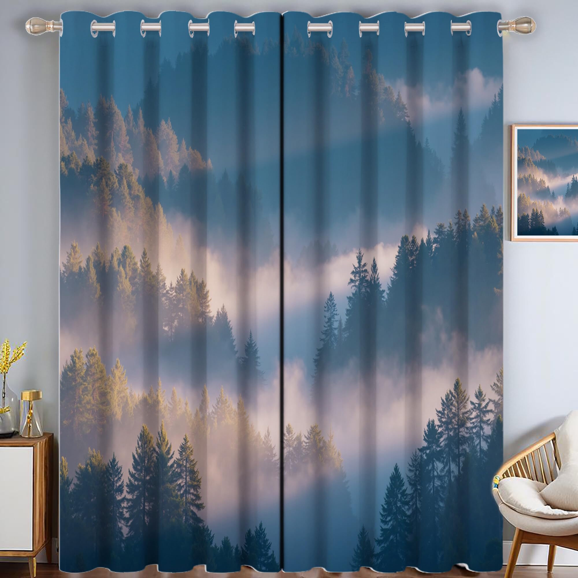 Tende Oscuranti Termiche Isolanti Con Occhielli,3D Digitale Foresta Nebbiosa Stampa Daiqing Stile Foresta Nebbiosa Tenda Isolante Camera Da Letto 140L X 280A Cm,Decorazione Di Finestr