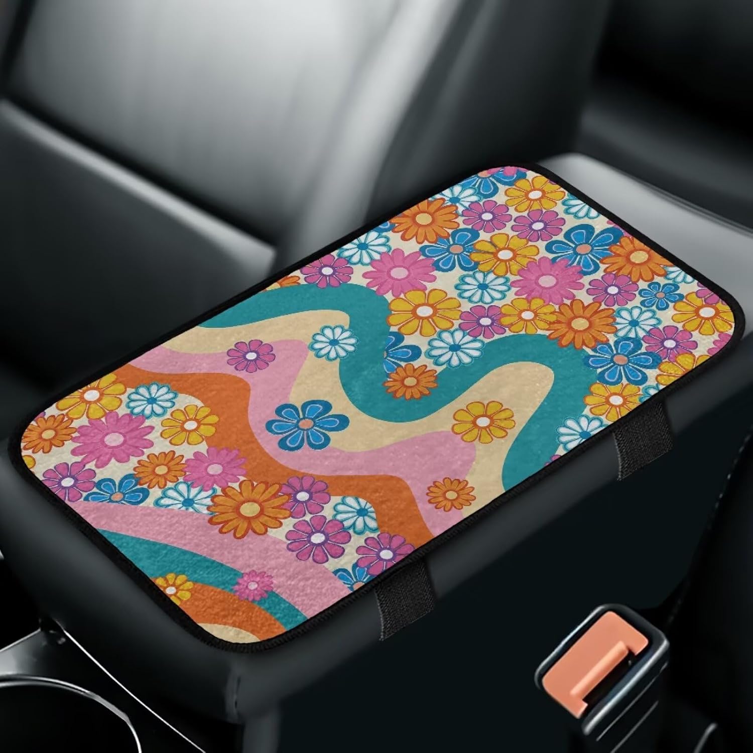 Bulopur Boho Hippie Car Center Console Armrest Pad Floral Fluffy Winter Auto Interior Accessories Anti-Slip Stain-Resistant Armrest Cover Universal Fir for SUV Truck Van Sedans