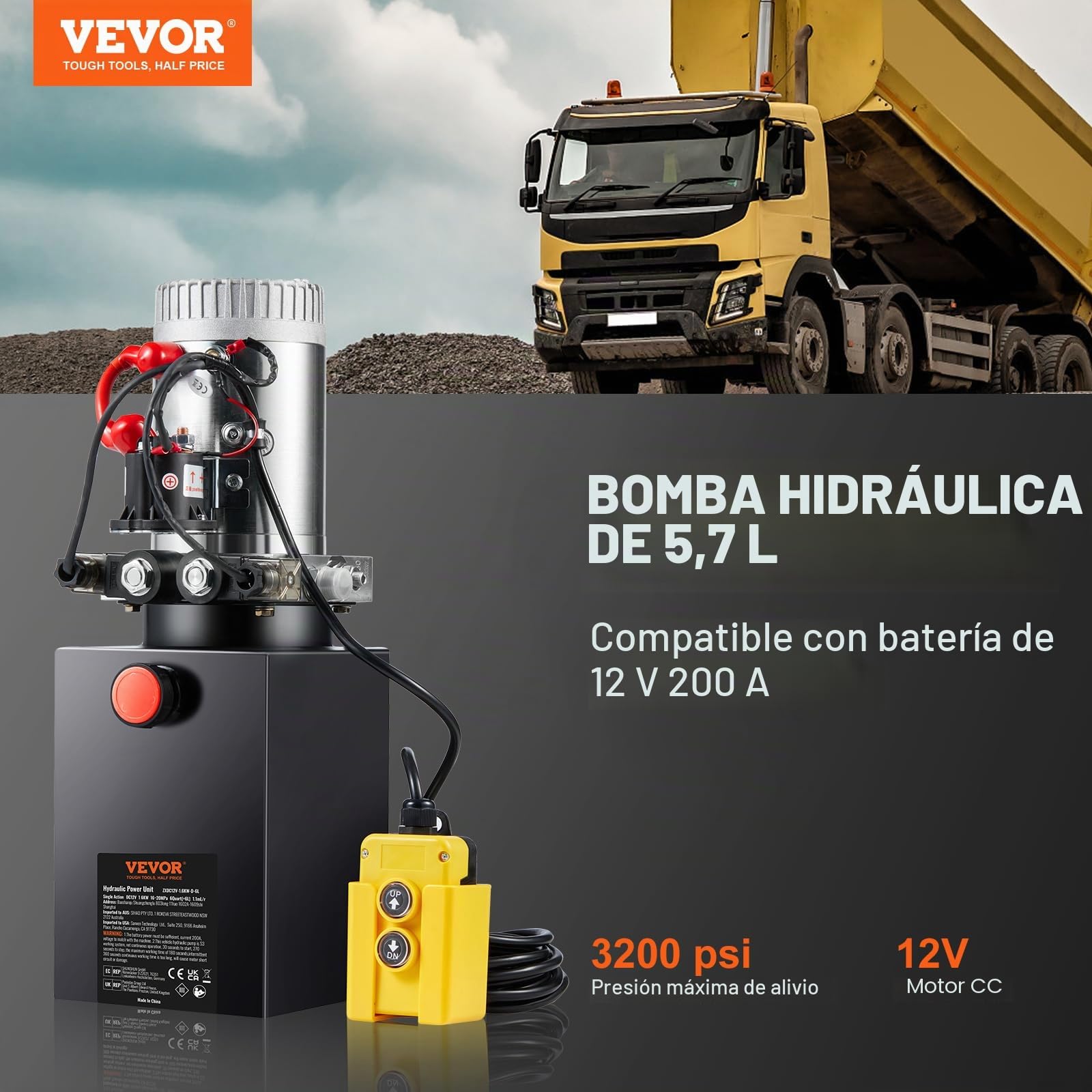 VEVOR Bomba Hidráulica DC 12 V 6 L Unidad Hidráulica de Doble Acción Flujo de Aceite 3,44 L/min Presión Máxima de Descarga 22 MPa para Volquete, Plataforma Elevadora, Remolque, Elevación y Descarga