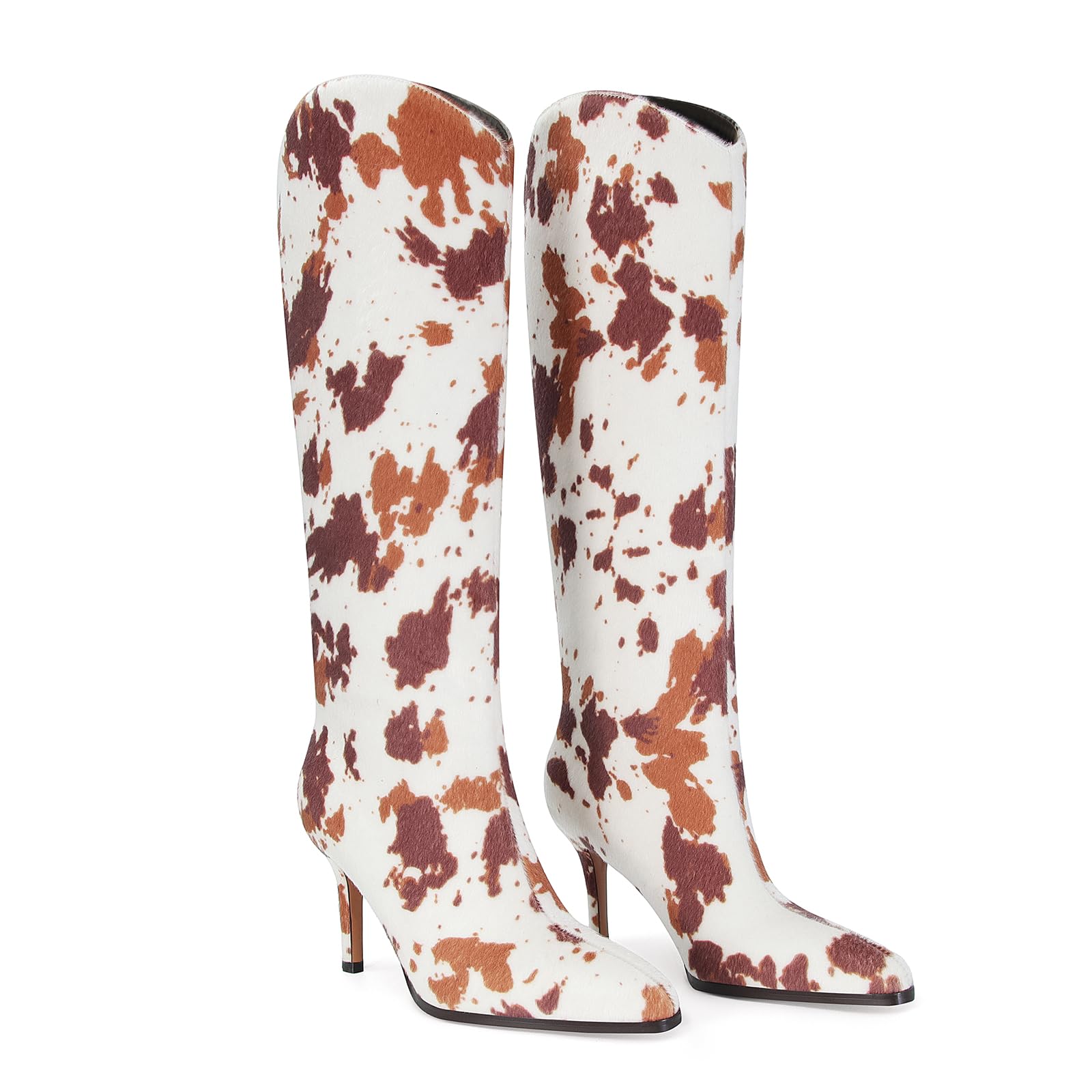 Cow Print Knee High Boots for Women Pointed Toe Kitten Stiletto Heels Wide Calf Tall Pull on Sexy