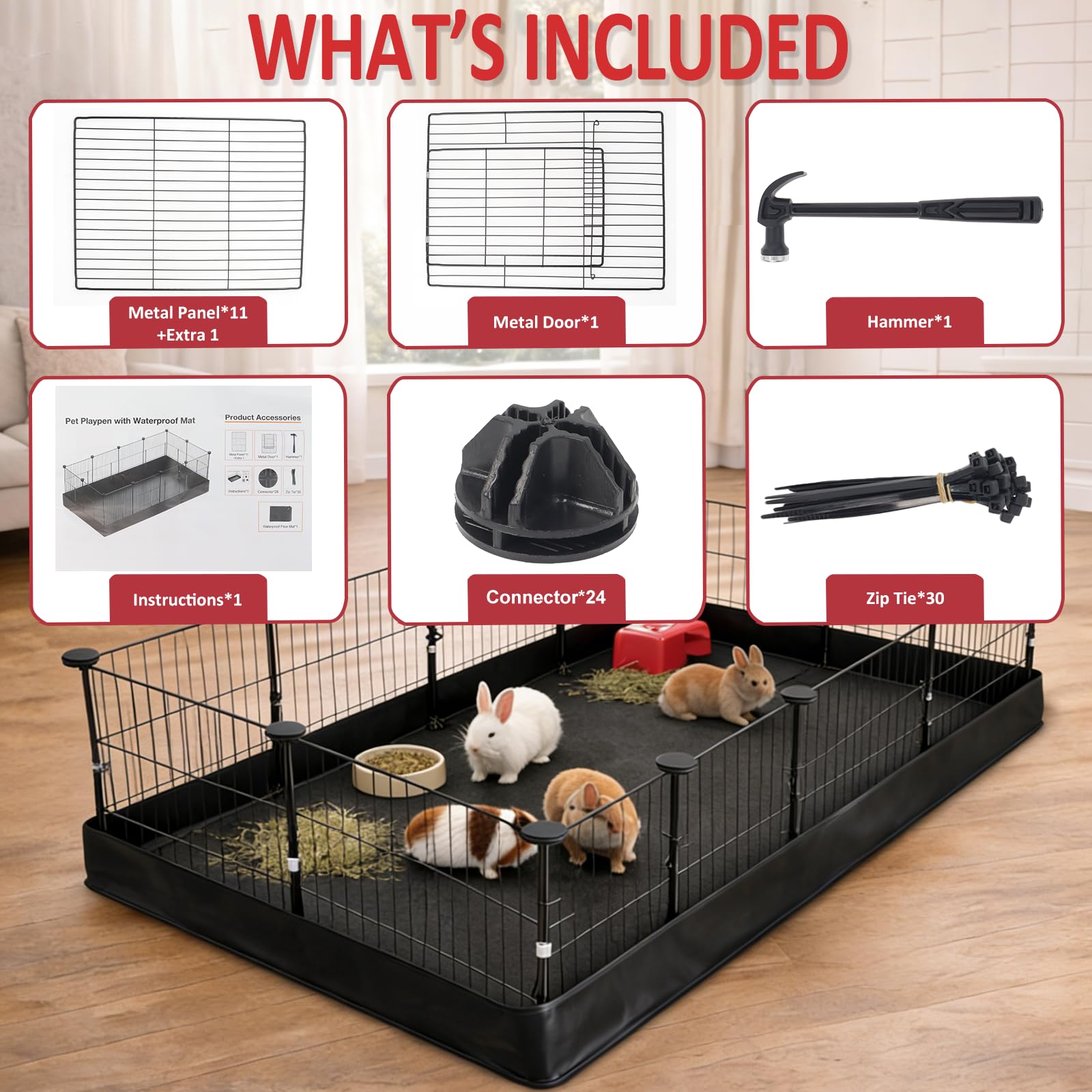 Kleintiergehege Innen & Außen 122*60*40cm – Freigehege für Meerschweinchen & Kaninchen, Stabil & Erweiterbar, Mit Wasserdichter Bodenmatte, Sicher & Einfach aufzubauen
