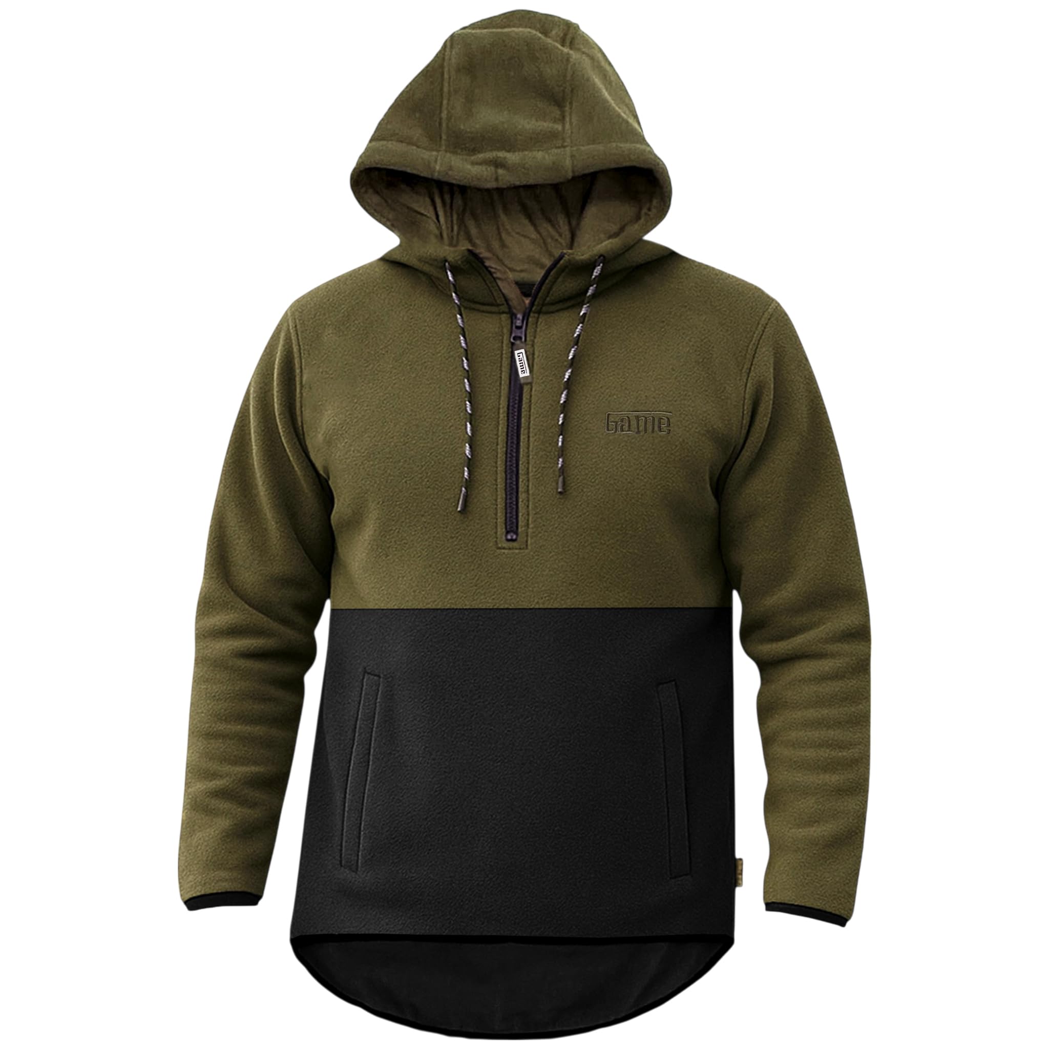 Game Technical Apparel Men's Alpine Fleece Hunting Stalking Smock – 300gsm Silent Durable Outdoor Pullover Hoodie with 1/4 Zip, Drop-Hem & Hood (UK, Alpha, M, Regular, Regular, Green/Black)