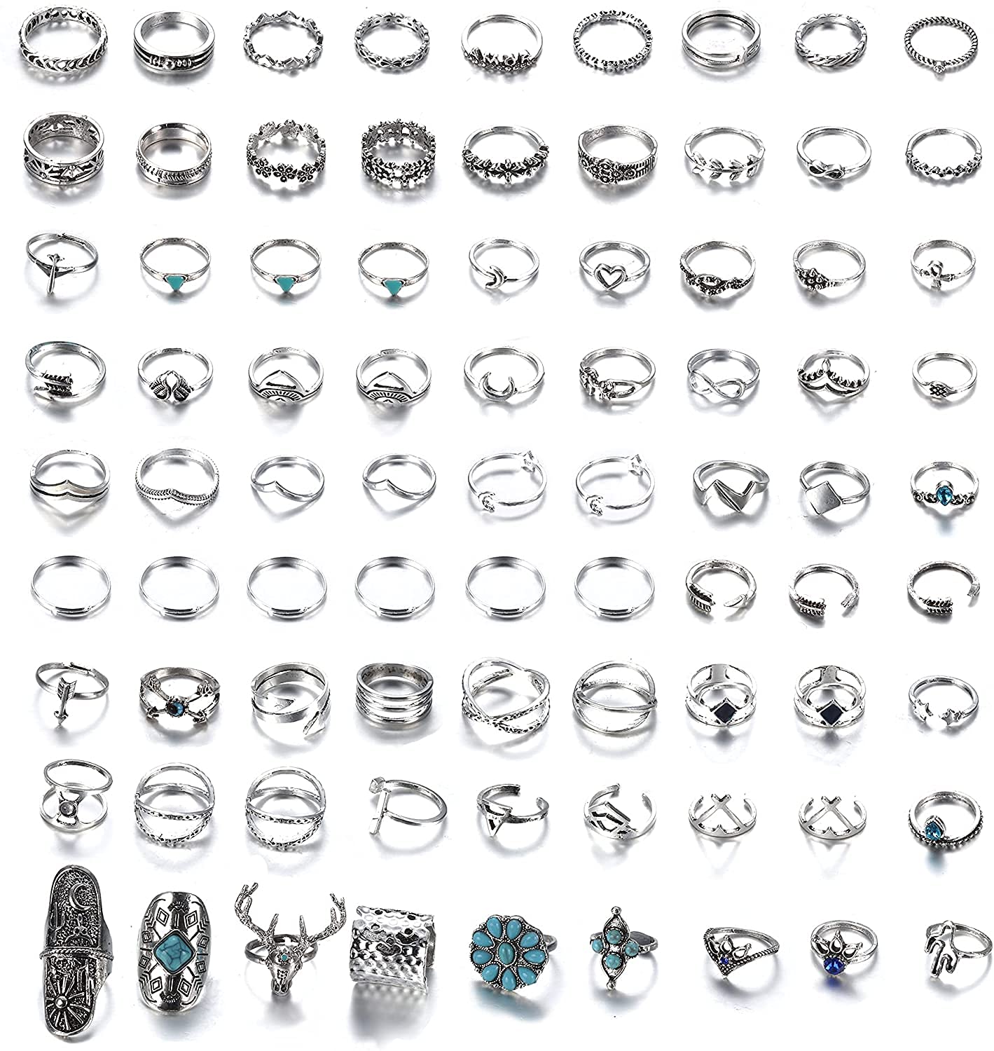 MILACOLATO 82pcs Bohemian Knuckle Vintage Rings for Women Man Girls Boys Stackable Midi Fashion Finger Turquoise Bead Accessories Silver Plated Retro Ring Set