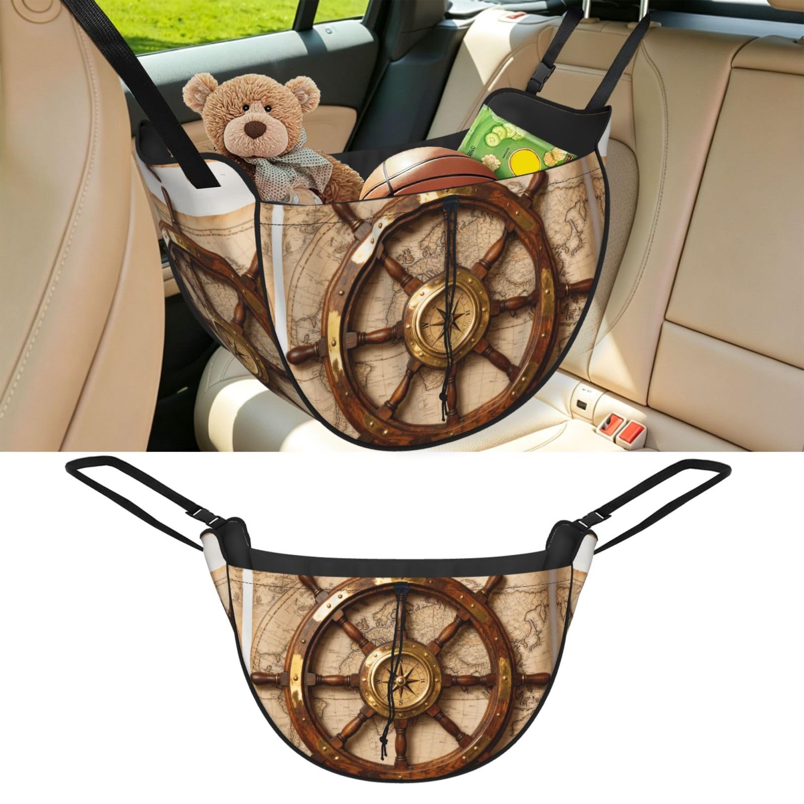 Cntdbu Black Ship Wheel Compass Car Seat Organizer-Backseat Storage Bag For Travel