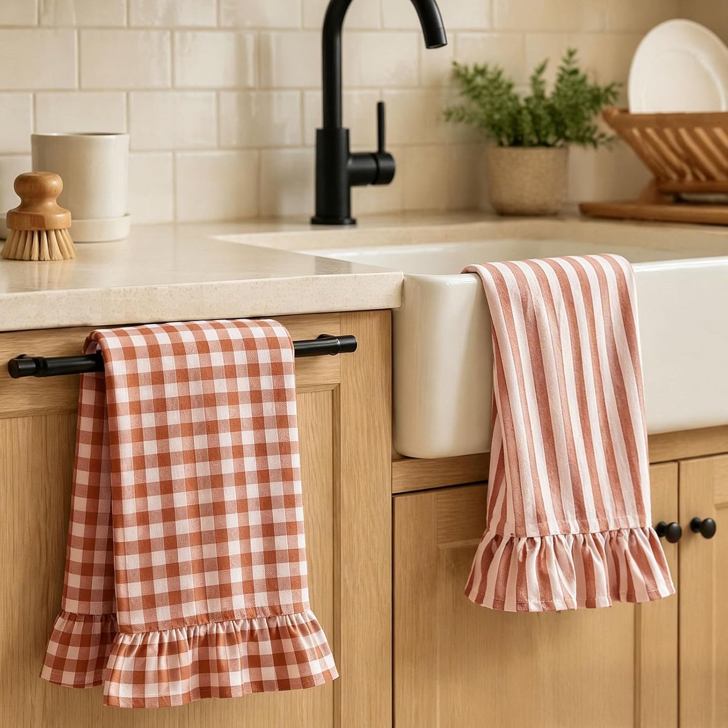 JarThenaAMCS 3 Pcs Light Brown Kitchen Towels Ruffled Gingham Cotton Dish Towels Plaid Stripe Absorbent Tea Cloths for Farmhouse Cleaning Drying Home Entertaining Party Table Supplies, 26 x 17.7 Inch