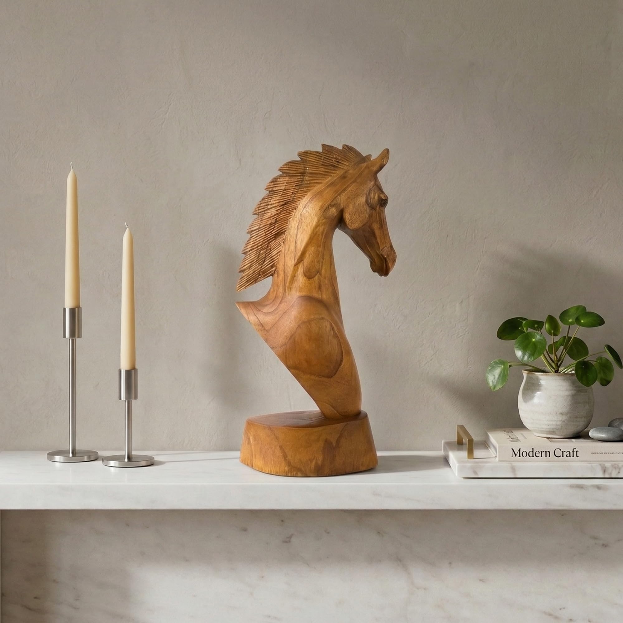G6 Collection Hölzerne handgeschnitzte Pferdekopf-Büste Statue Skulptur handgefertigt Holz dekorative Wohnkultur Akzent Figur Dekoration Pferd (30,5 cm hoch)