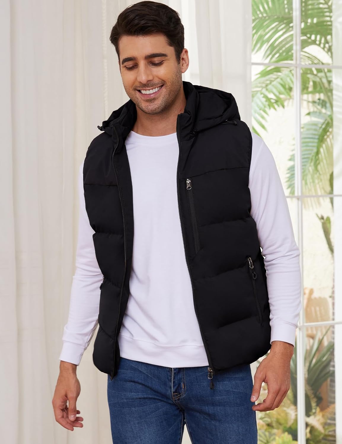 Gihuo Mens Winter Puffer Vest Hooded Sleeveless Quilted Jacket Zip Up Padded Coats - Image 5