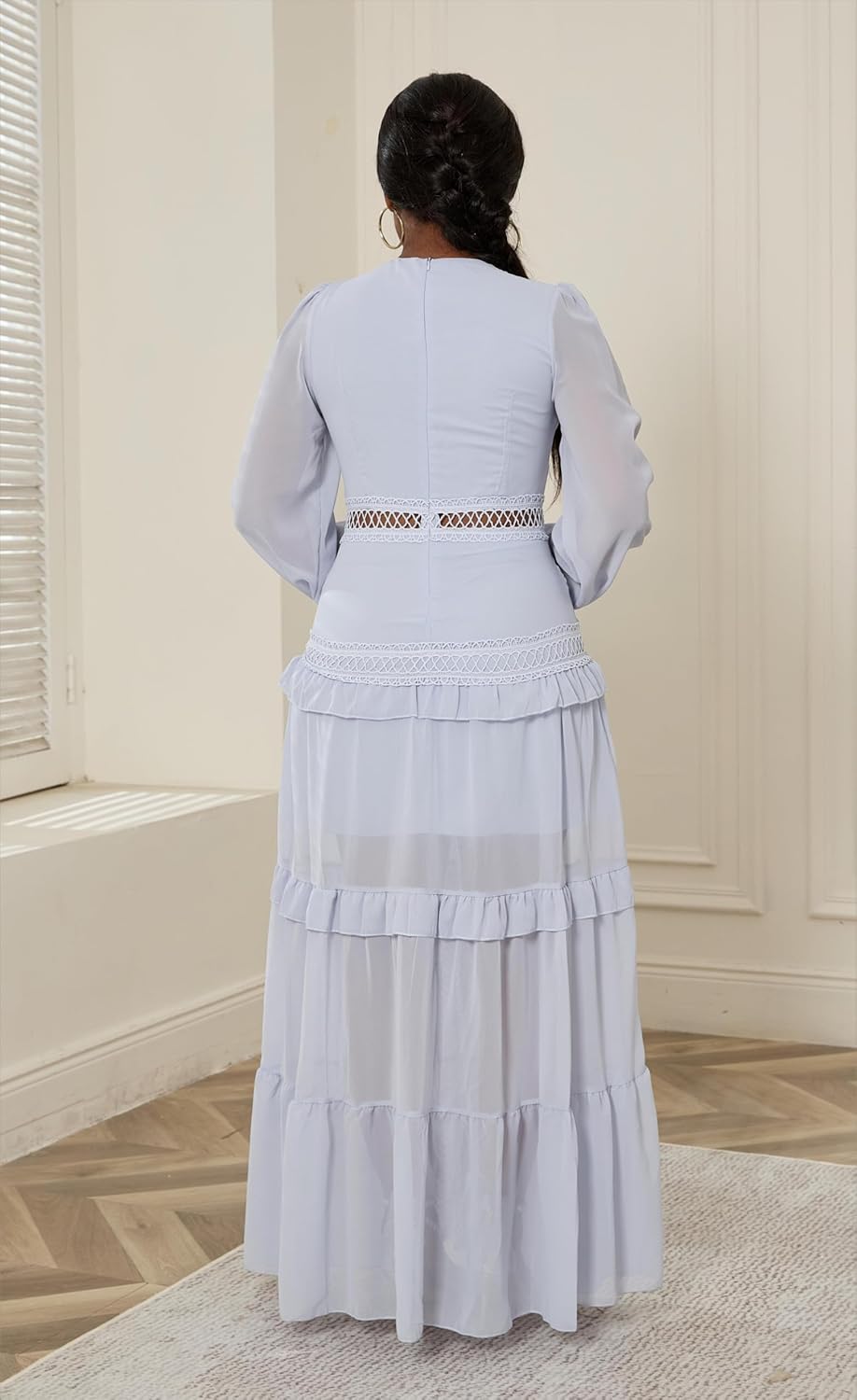 LAJIOJIO Elegant Dresses for Women Wedding Guest,Deep V Neck Puff Long Sleeve Evening Maxi Dress - Image 3