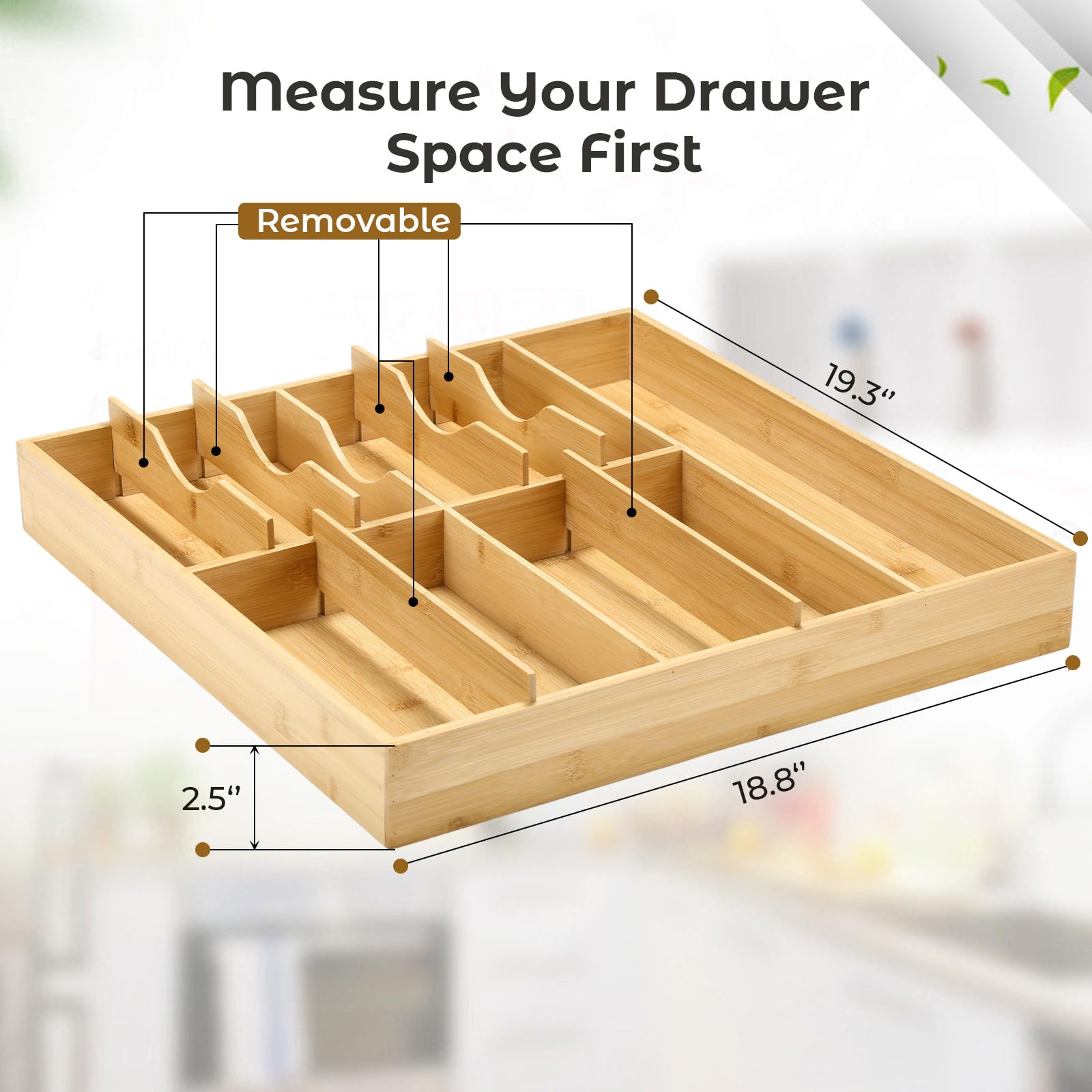 Fabsome Besteck-Organizer für Küchenschubladen, 6,3 cm tief, 47,8 cm breit, Besteckablage aus Bambusholz mit tiefen Schlitzen für große Besteck-Utensilienschublade