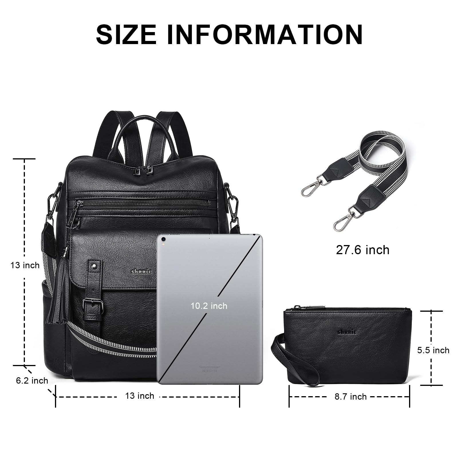 Shirre cuoio Zaino Borsa per donne Viaggi e lavoro Cabriolet cintura a spalla Zaino Borsa in cuoio vegano morbido e impermeabile Passa 14 pollici laptop borsa nera
