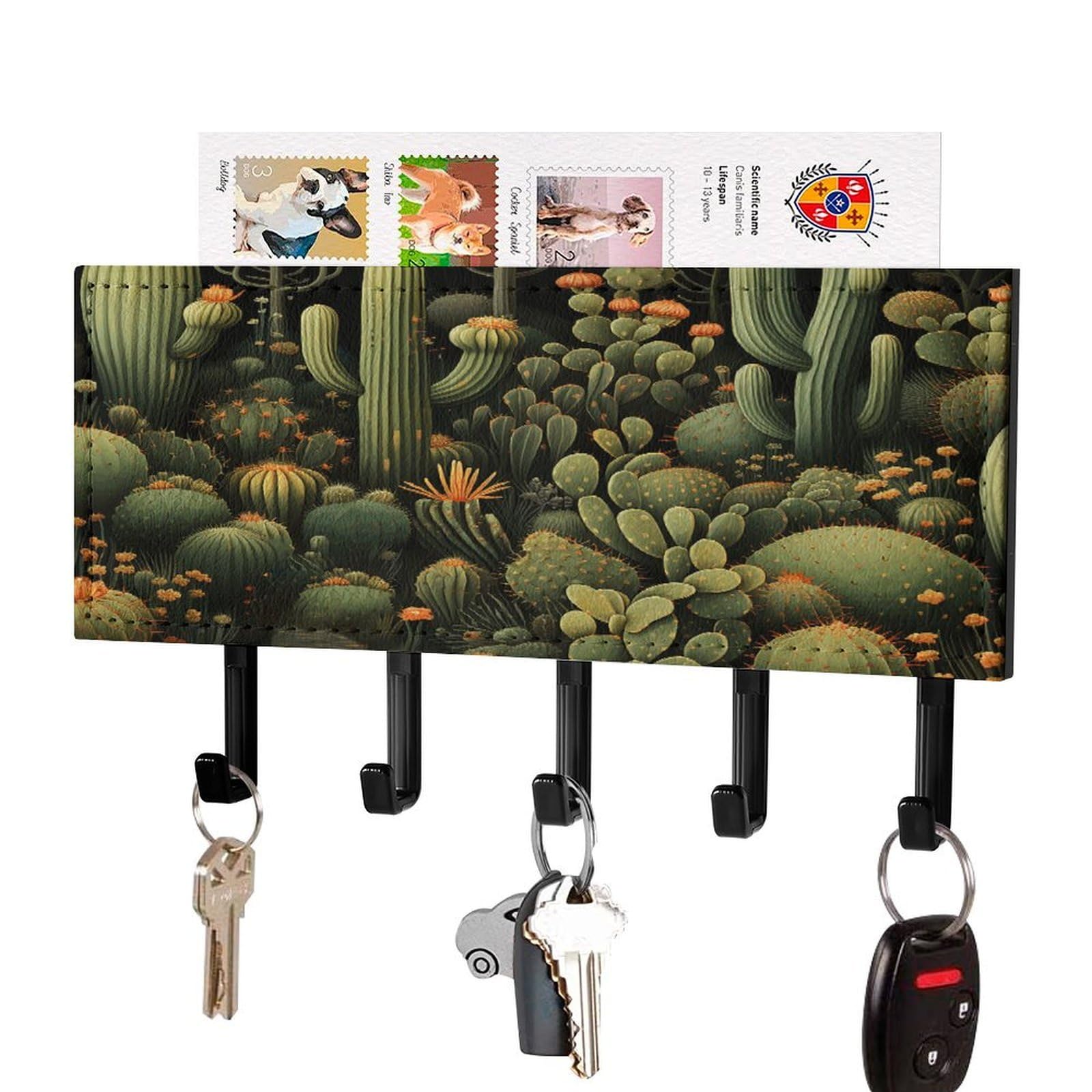 Soporte para llaves de pared con diseño de cactus y colgador de correas de cuero