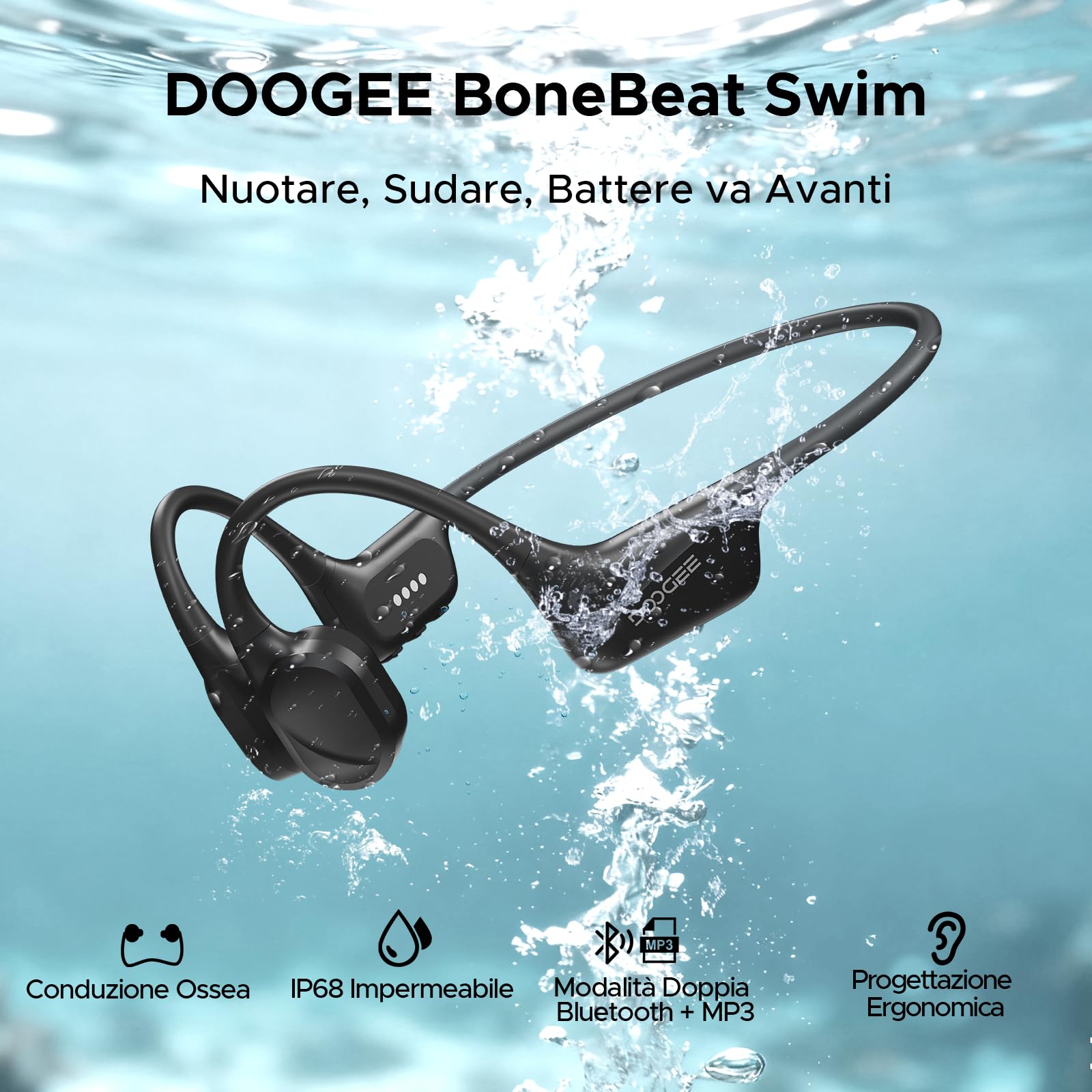 Cuffie Conduzione Ossea IP68 Impermeabili per Nuoto, Auricolari Sportive Bluetooth 5.4, MP3, 32GB, Comodo Silicone, Open-Ear per Corsa, Ciclismo, Palestra,Nero