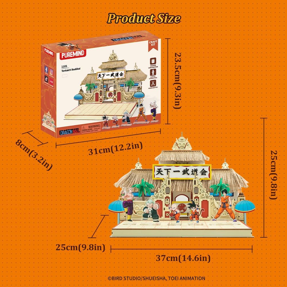 PUREMIND Dragon Ball Tenkaichi Budōkai Wooden Puzzle Kit - Officially Licensed Dragon Anime Tournament World Martial Arts Stage Model with 5 Character Standees Building Set for Adults, Display & Gift