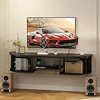 Rack para TV, Armário para TV Multifuncional com Tomadas, Rack Suspenso para Sala, Resistente e Estável, Prateleira Parede Sala Estar Moderna, Preto
