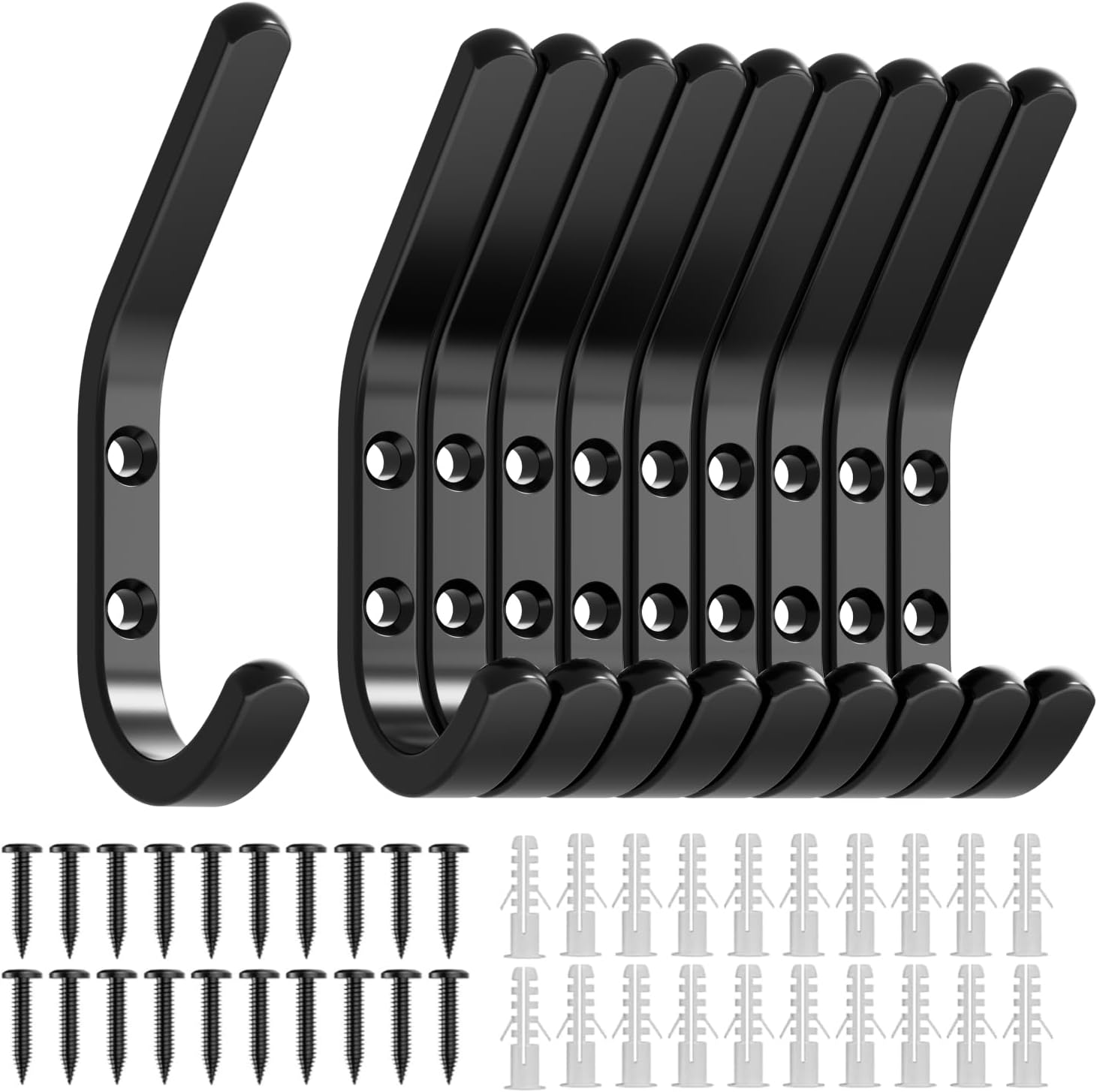 Wall Hooks for Hanging Coats - 10 Pack Black 3.2'' Double Hook Design, Hat Organizers, Wall Mount Hangers for Bags and Keys, Perfect for Garage, Workshop, Entryway, Closet, and DIY Projects
