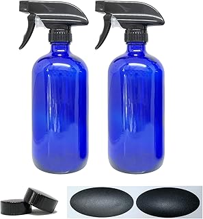 2 Pack - 16oz Blue Glass Spray Bottle – Cobalt Spray Bottle has UV Protection - Glass Spray Bottles for Essential Oils - Dark Glass Spray Bottles for Cleaning Solutions – Refillable Glass Cleaner Bottle – Glass Spray Bottle with Trigger Spray, cap and chalkboard labels