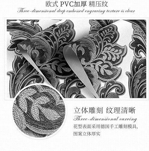 Miniatura 5 de QIHANG Papel pintado de damasco 3D de PVC de estilo europeo moderno para sala de estar TV/bar blanco y negro 1.73' de ancho x 32.8' de largo