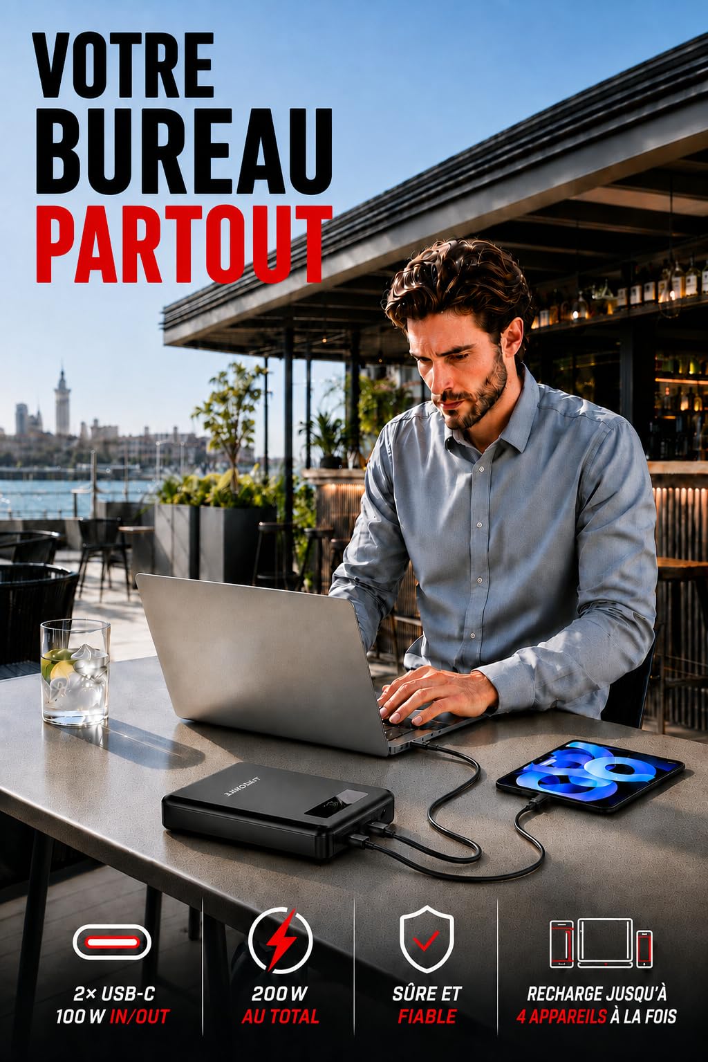 LITIONITE Falcon Batterie Externe 62000mAh avec Écran LCD, 200W pour PC Portable et MacBook, 2 Ports USB-C 100W PD 3.0, Batterie LiFePO4 3000 Cycles, Design Plat