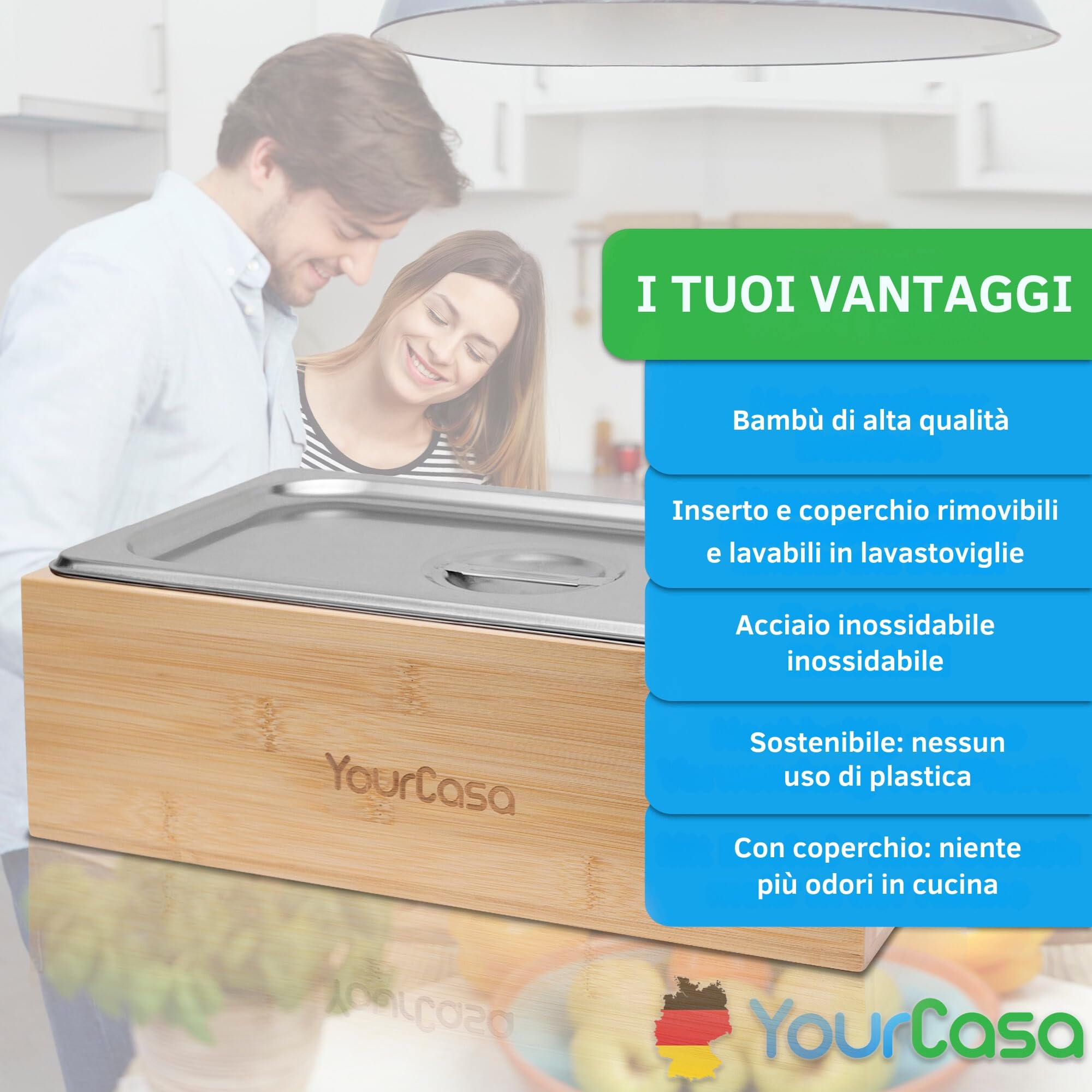 YourCasa pattumiera cucina 4,3L - bidone umido cucina - secchio umido in vero legno con inserto in acciaio inox - pattumiera umido - cestino umido cucina - compost (Bambù)