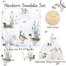 LifeTree Muslin Swaddle Blankets, Muslin Baby Boy Swaddle Blanket and Hat Set with Birth Announcement Card, Newborn Unisex Receiving Blankets Mallard Duck