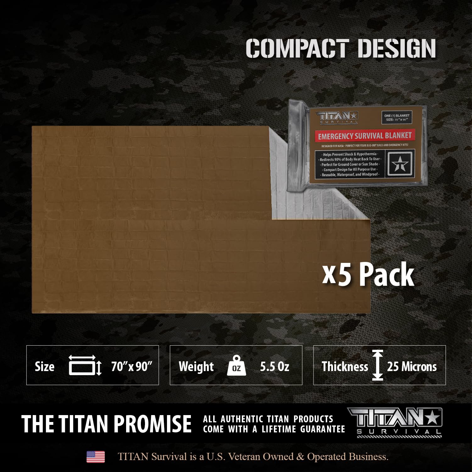 TITAN Survival XL Mylar Survival Blankets 5 Pack 70” x 90” - 90% Heat Retention & Waterproof Design - Emergency Blanket Cold Weather Protection & Survival Kits - Durable Space Blanket for Outdoor Use