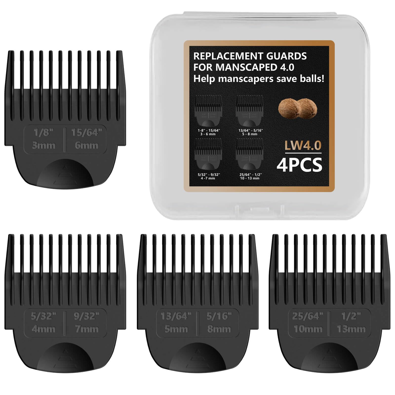 4 Pack Guards for Manscaped Lawn Mower 4.0 - Adjustable Lawnmower 4.0 Trimmer Guards with Organizer, Waterproof Guide Comb Replacement for Manscaped 4.0 Attachments, Cutting Lengths from 1/8