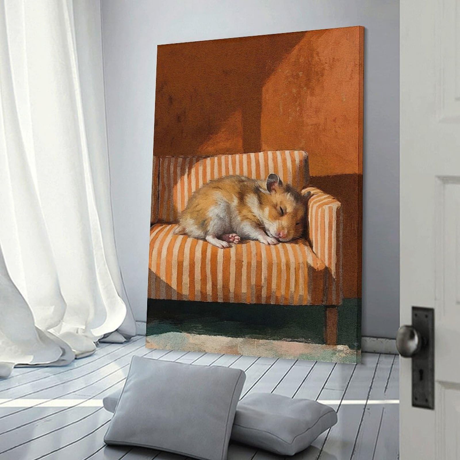 Junmoney Sleeping Hamster on Miniature Striped Couch Wall Decor Canvas Print 08x12inch(20x30cm), for Lounge, Study, Hallway Or Flat Walls, Decorative Artwork with Broad Appeal