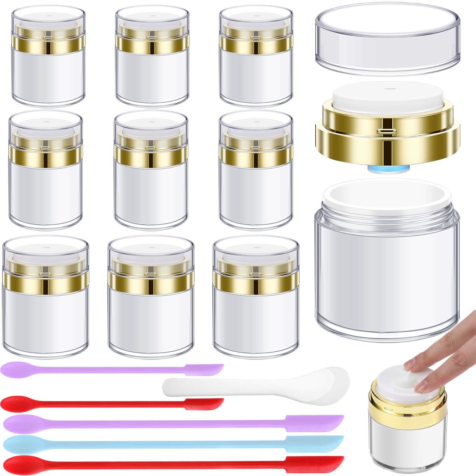 Honeydak 9 Pcs Airless Pump Jars 0.5 Oz, 1 Oz, 1.7 Oz Empty Cosmetic Container with Silicone Spatula Set Moisturizer Subpackage Jar for Skincare Face Makeup Creams Gels Lotion Toiletry