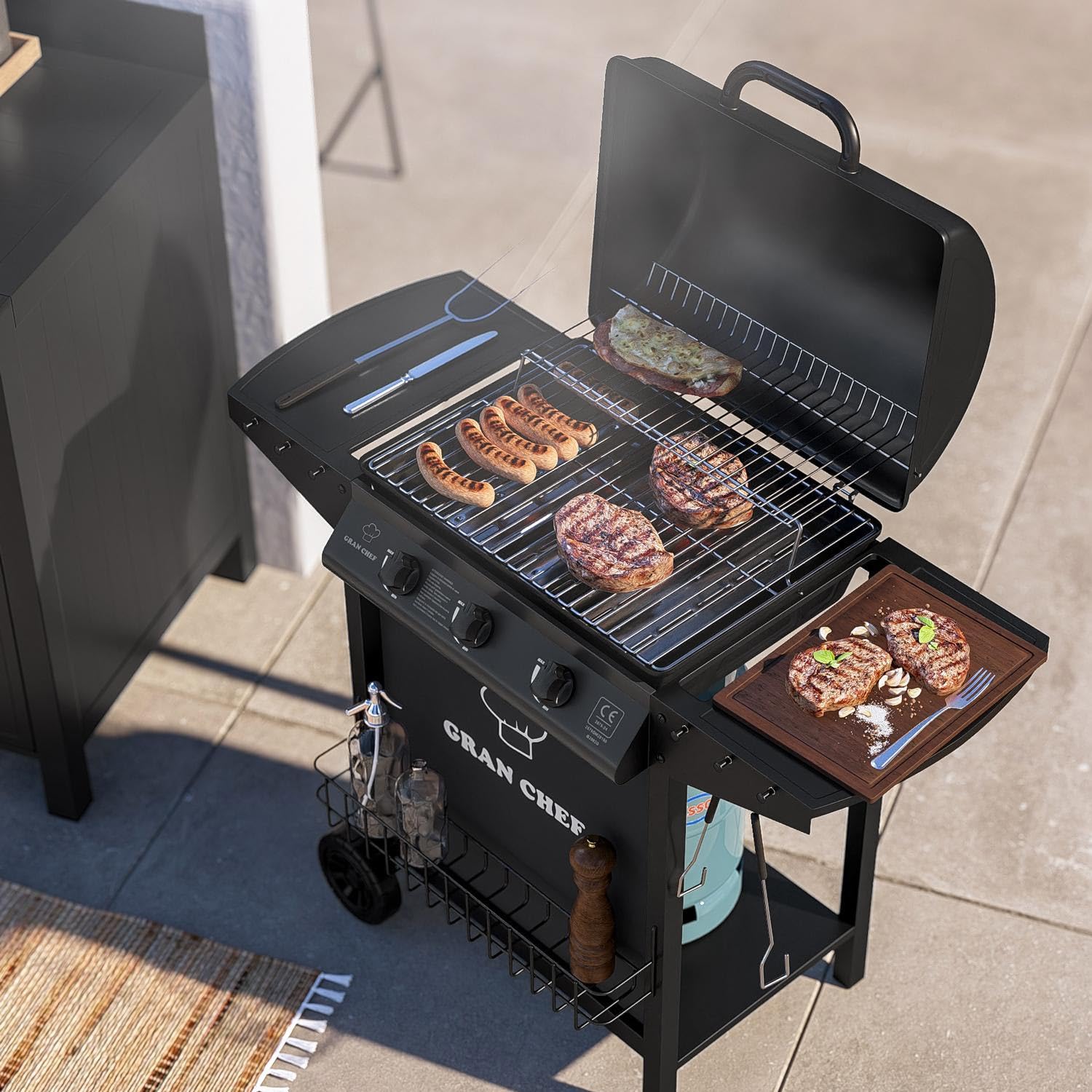 Avilia Barbecue a Gas 3 Fuochi Thomas – BBQ da Esterno in Acciaio Nero con Griglia Inox, Termometro, Cappa, Accensione Piezoelettrica e Ruote, Barbecue a Gas Esterno Compatto e Potente