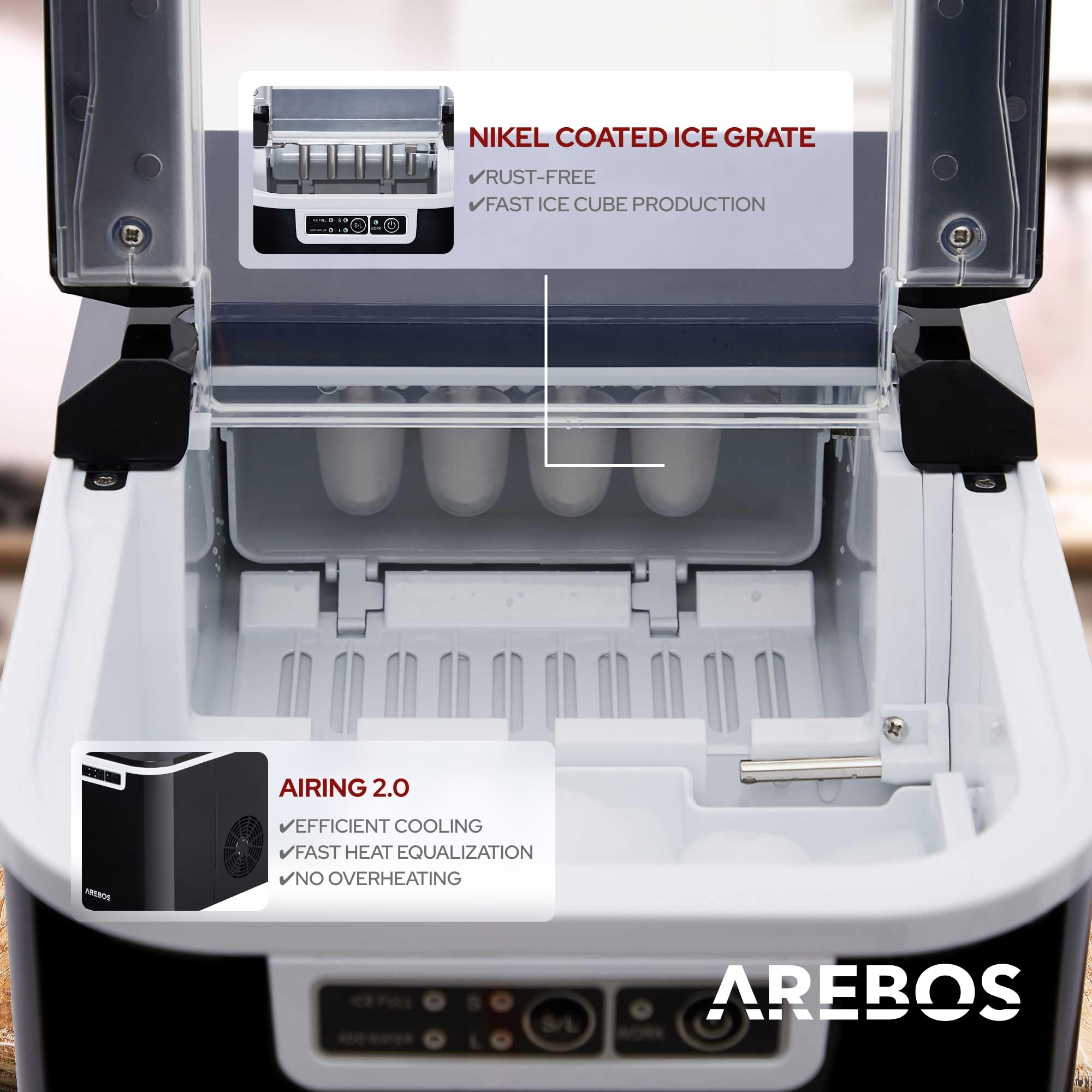 Arebos Macchina per cubetti di ghiaccio | 12 kg/24 h | 10-15 min. tempo di produzione | 2 dimensioni di cubetti di ghiaccio | 2.2 L serbatoio d'acqua | Macchina per cubetti di ghiaccio Nero