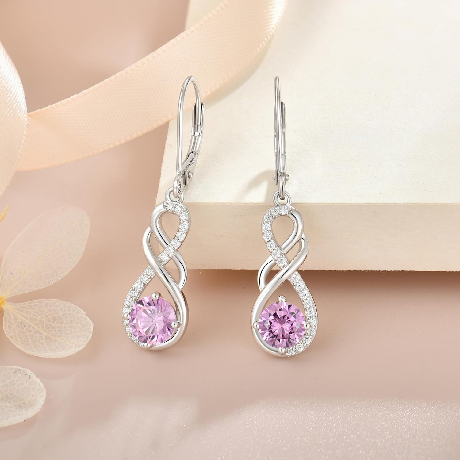 Gemstone Infinity Earrings for Women, S925 Sterling Silver Round cut Zircon Earring Birthstone Jewelry Gift for Her - Image 4